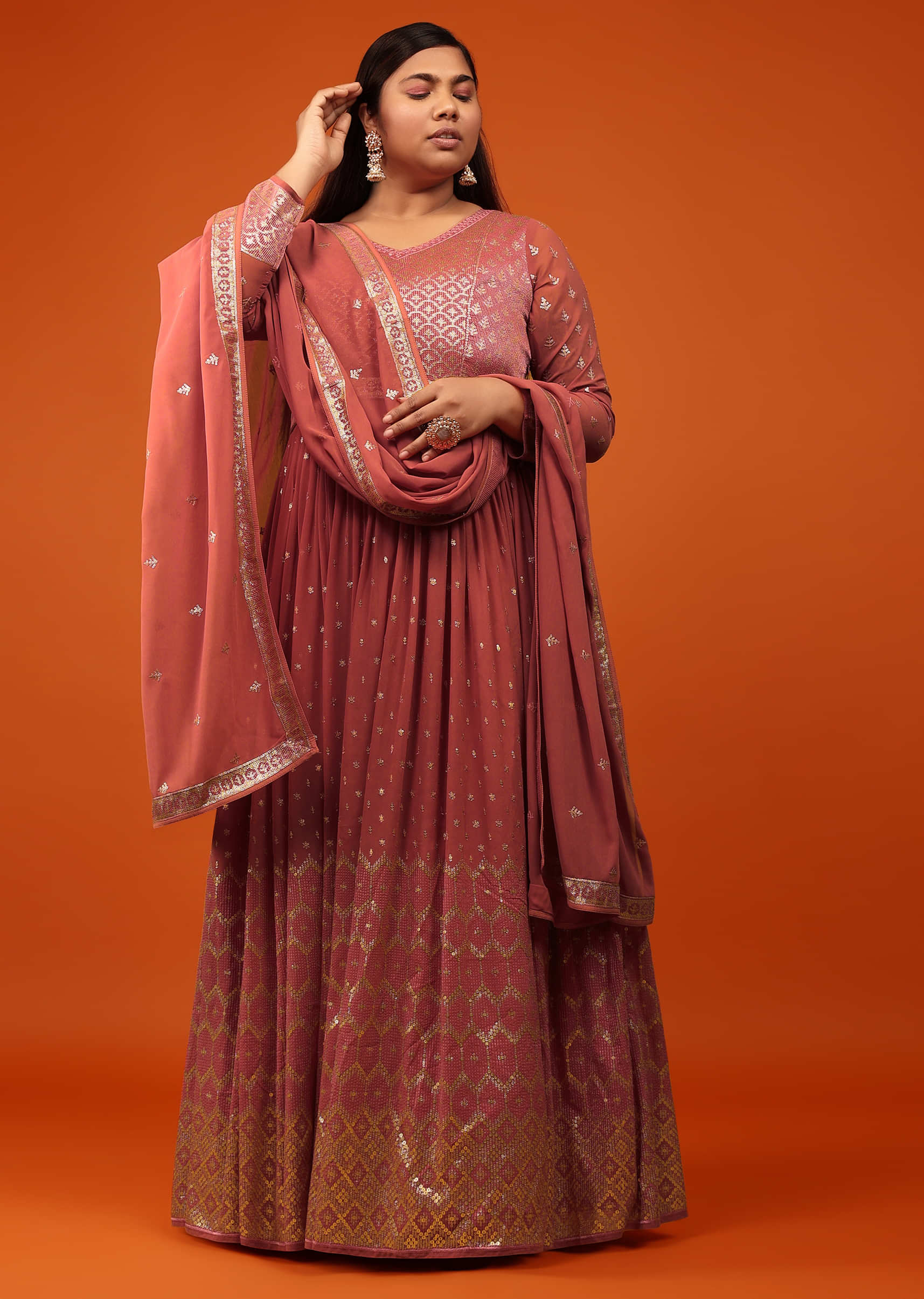 Peach Pink Anarkali Suit In Georgette With Embellishment Sequin And Thread