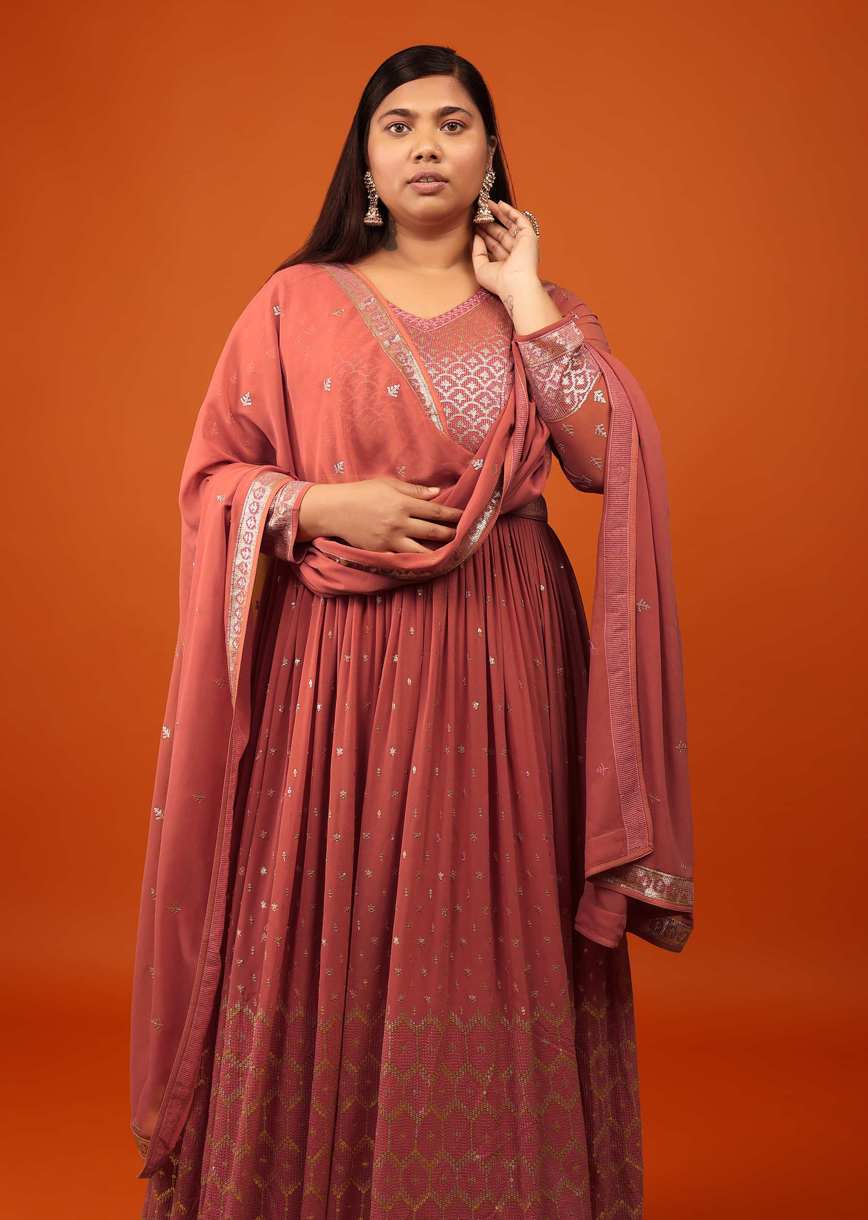 Peach Pink Anarkali Suit In Georgette With Embellishment Sequin And Thread