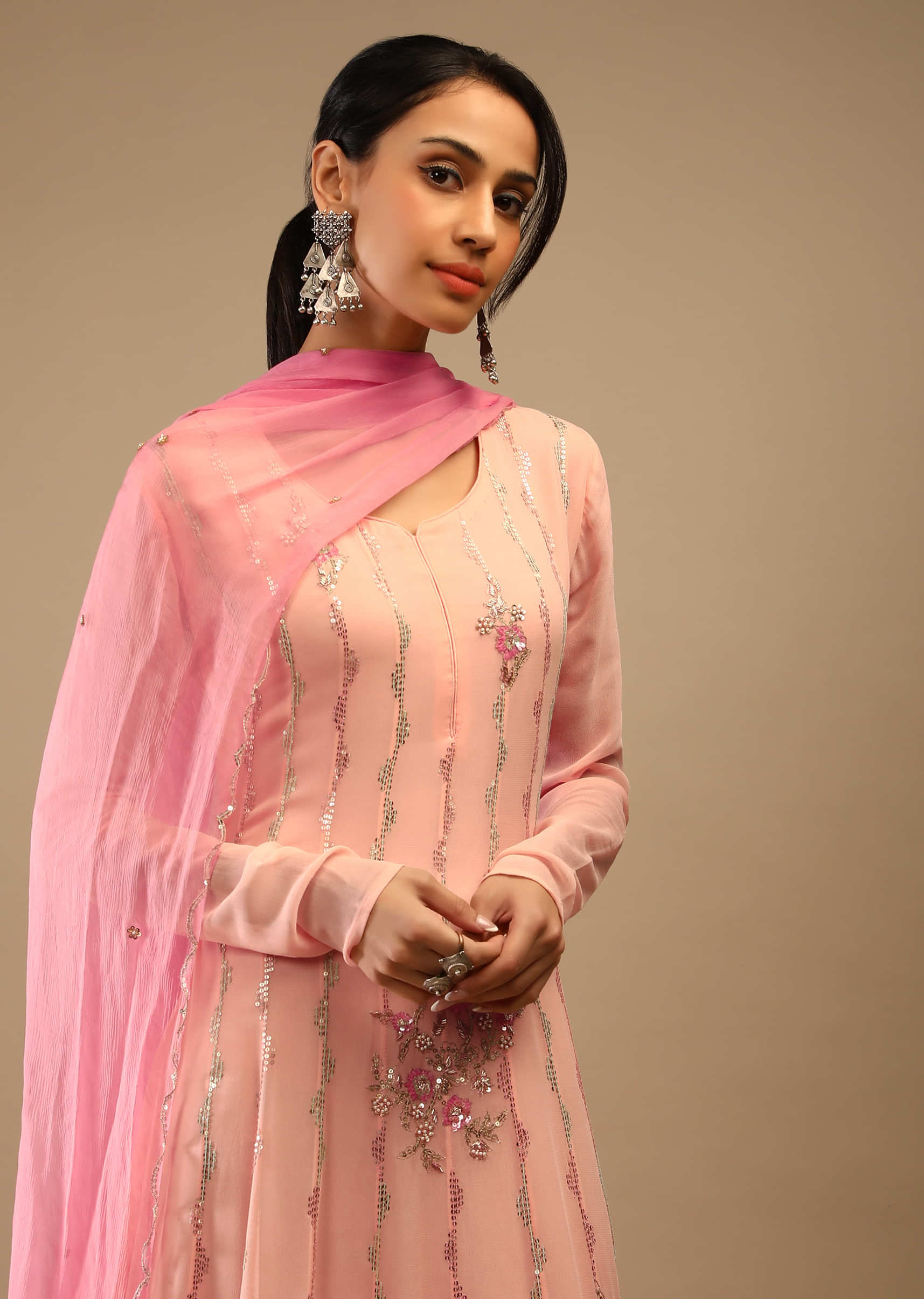 Peach Anarkali Suit In Georgette With Multi Colored Sequins And Cut Dana Embroidered Floral And Ethnic Motifs  