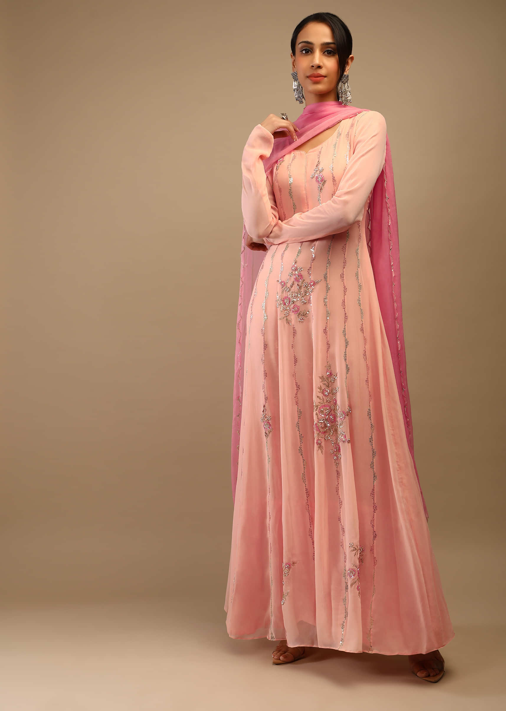 Peach Anarkali Suit In Georgette With Multi Colored Sequins And Cut Dana Embroidered Floral And Ethnic Motifs  