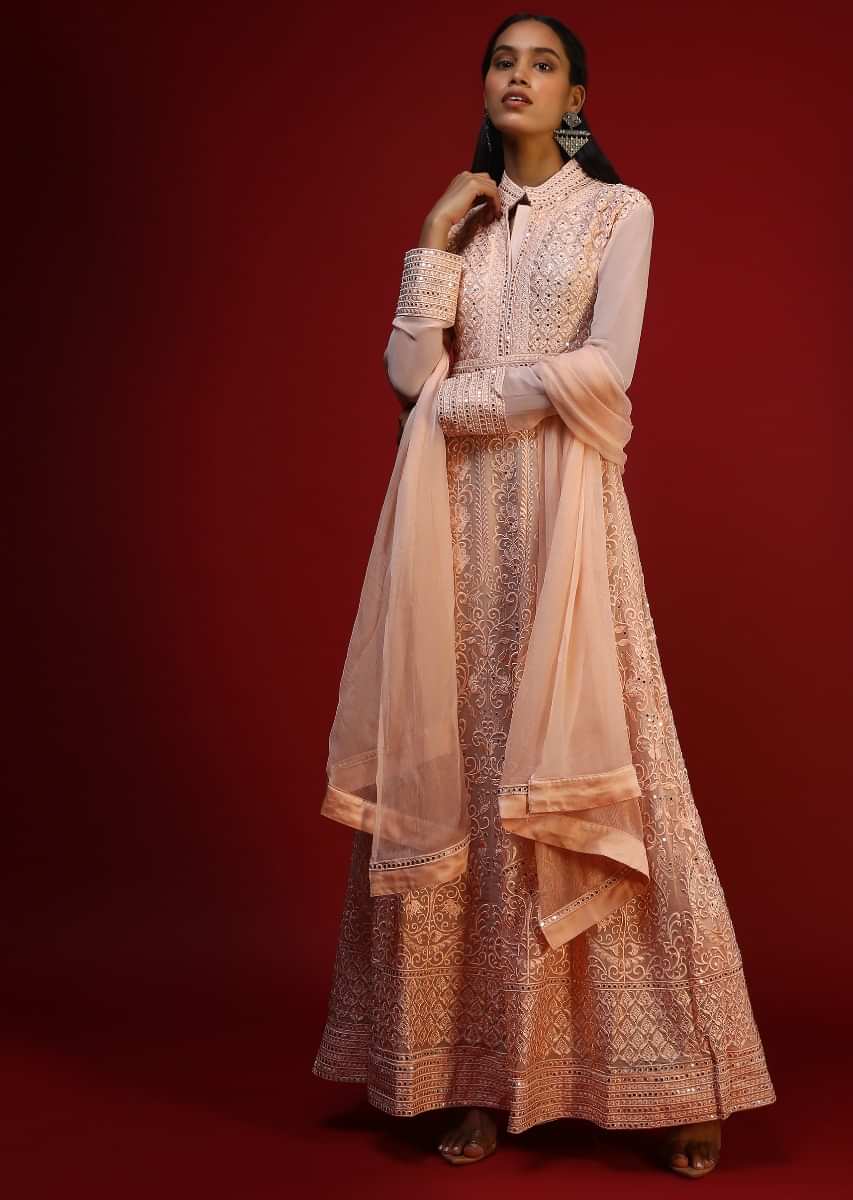Peach Anarkali Suit In Resham And Kundan Work All Over Online - Kalki Fashion