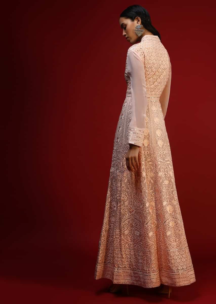 Peach Anarkali Suit In Resham And Kundan Work All Over Online - Kalki Fashion