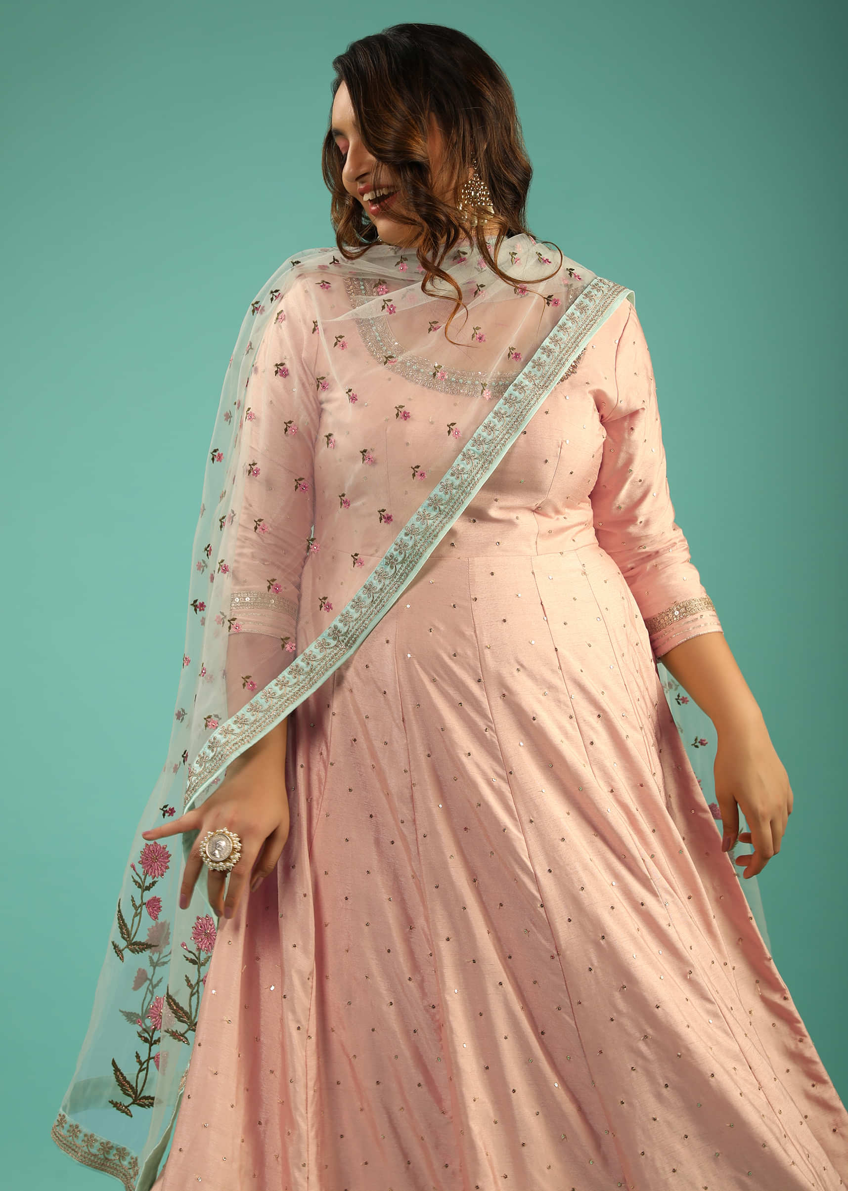 Peach Silk Anarkali Adorned With Zari Buttis And Sequins All Over