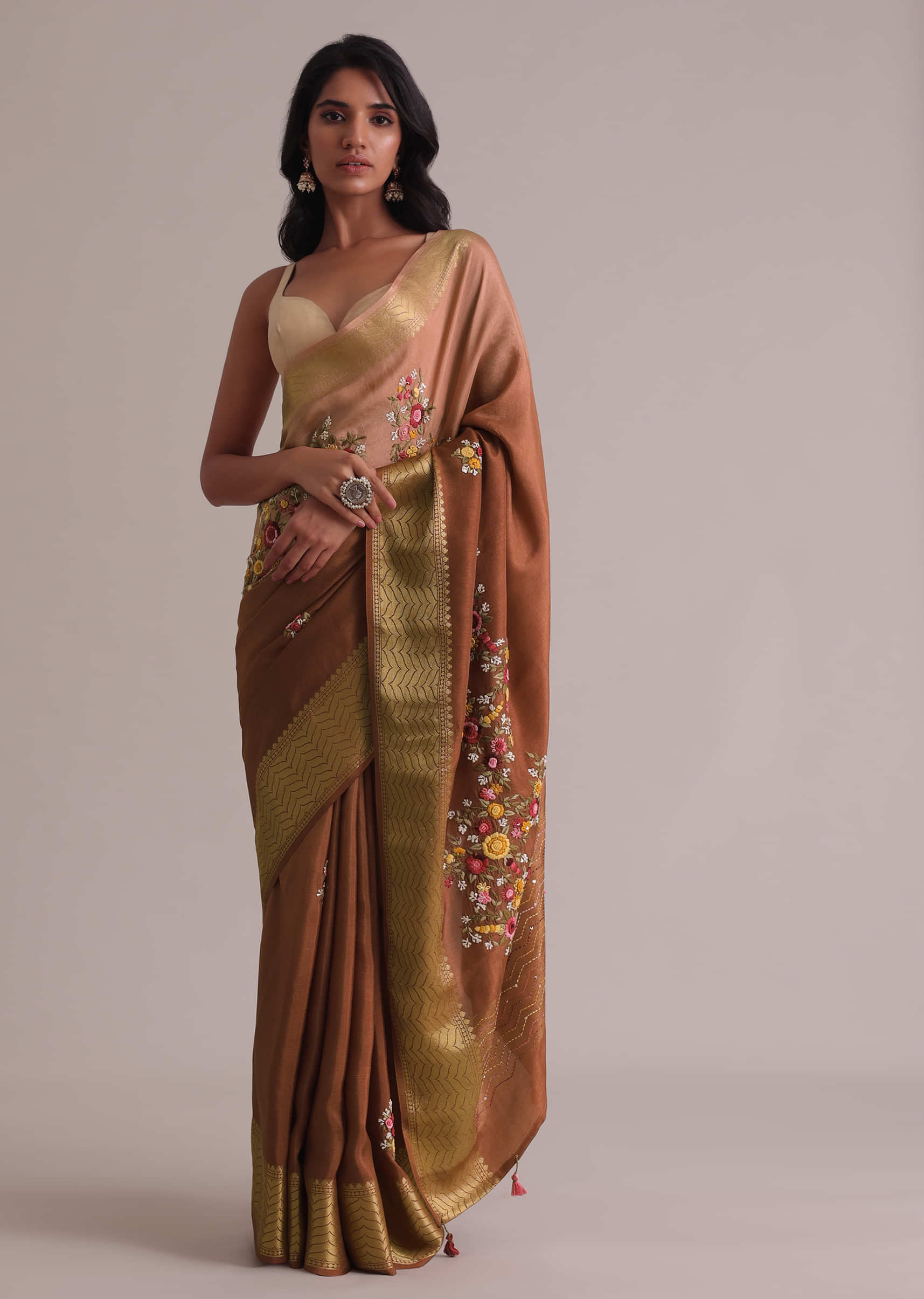 Buy Peach And Brown Resham 3D Bud Embroidered Ombre Saree With Brocade ...