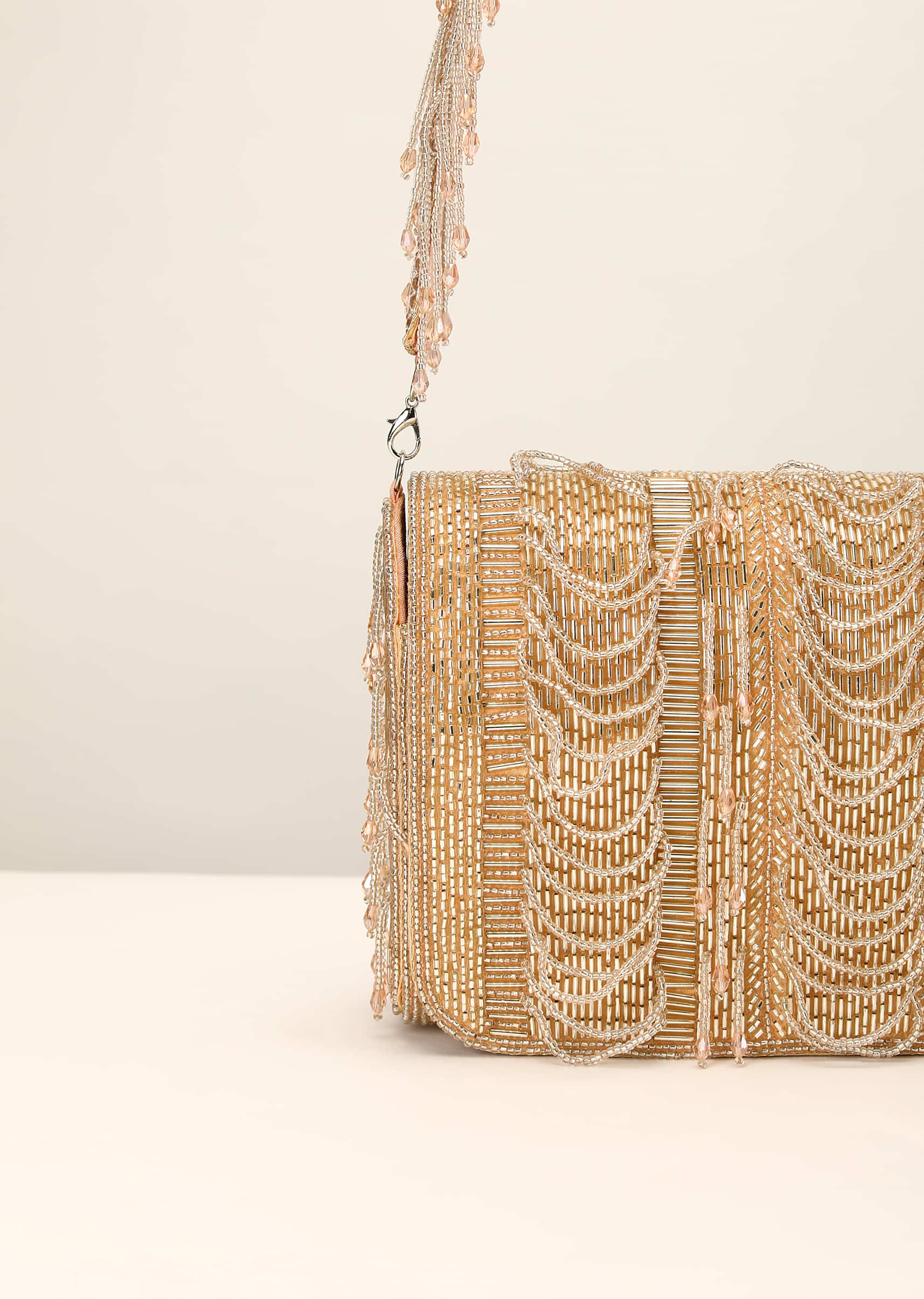 Peach And Gold Embroidered Clutch Bag With Cut Dana Work And Bead Loops