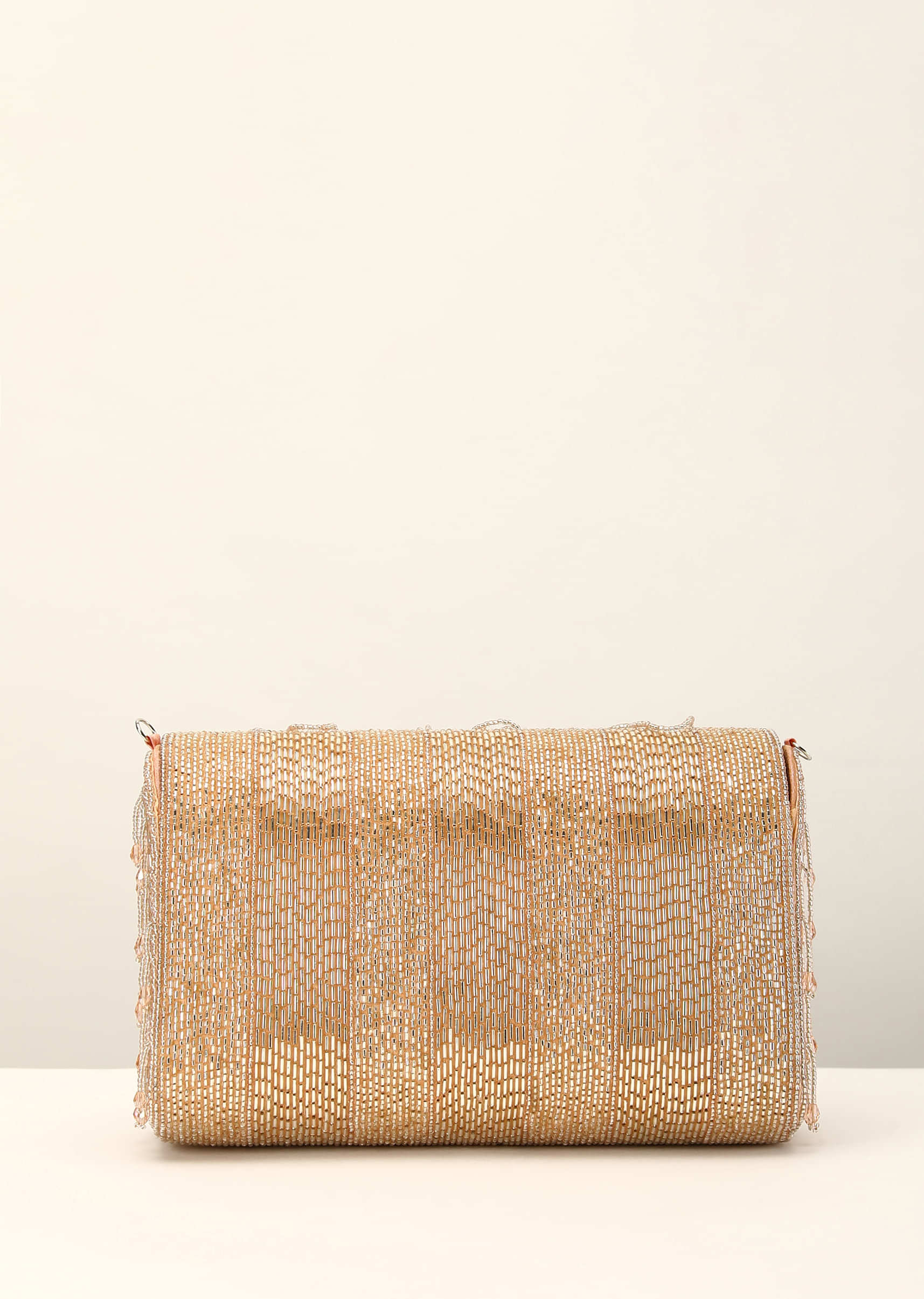 Peach And Gold Embroidered Clutch Bag With Cut Dana Work And Bead Loops