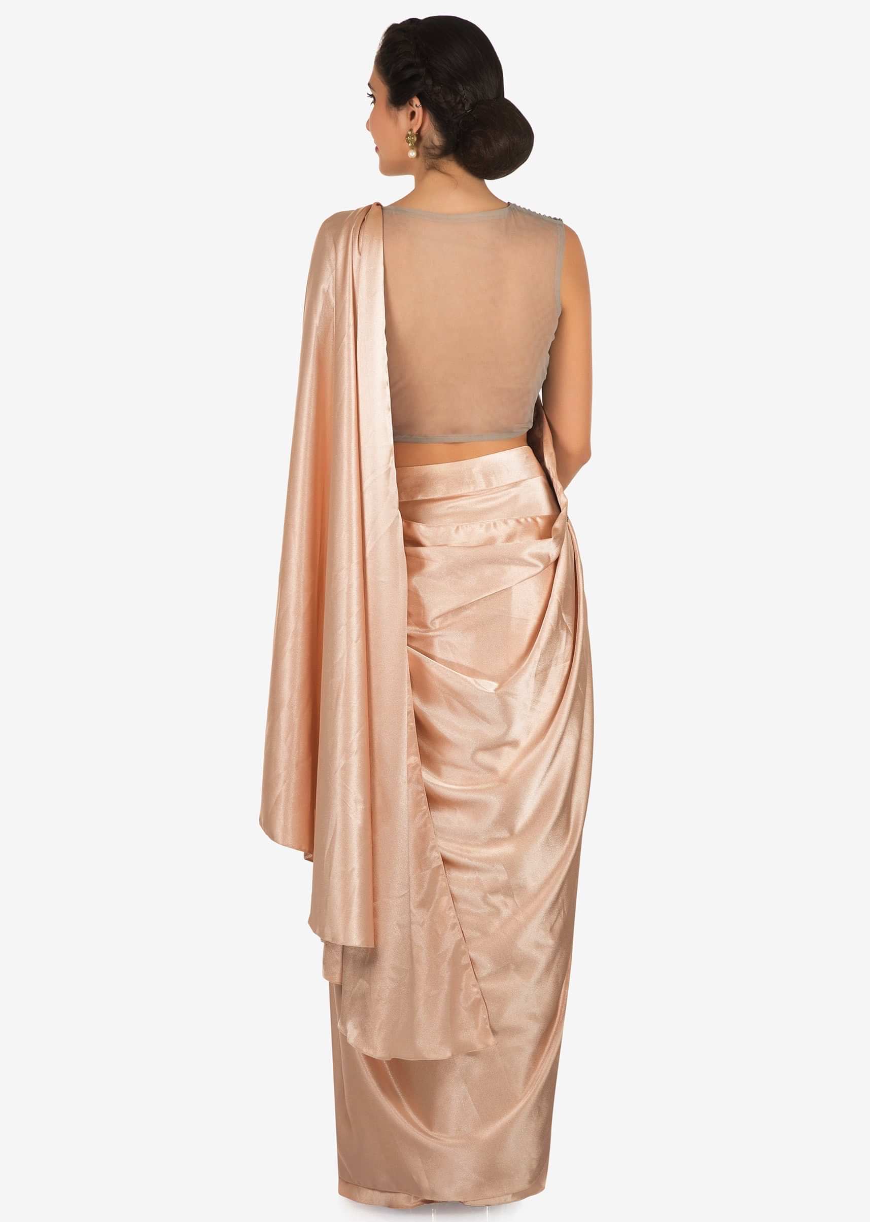 Peach and grey lehenga saree in heavy satin carved in moti embroidery work only on Kalki