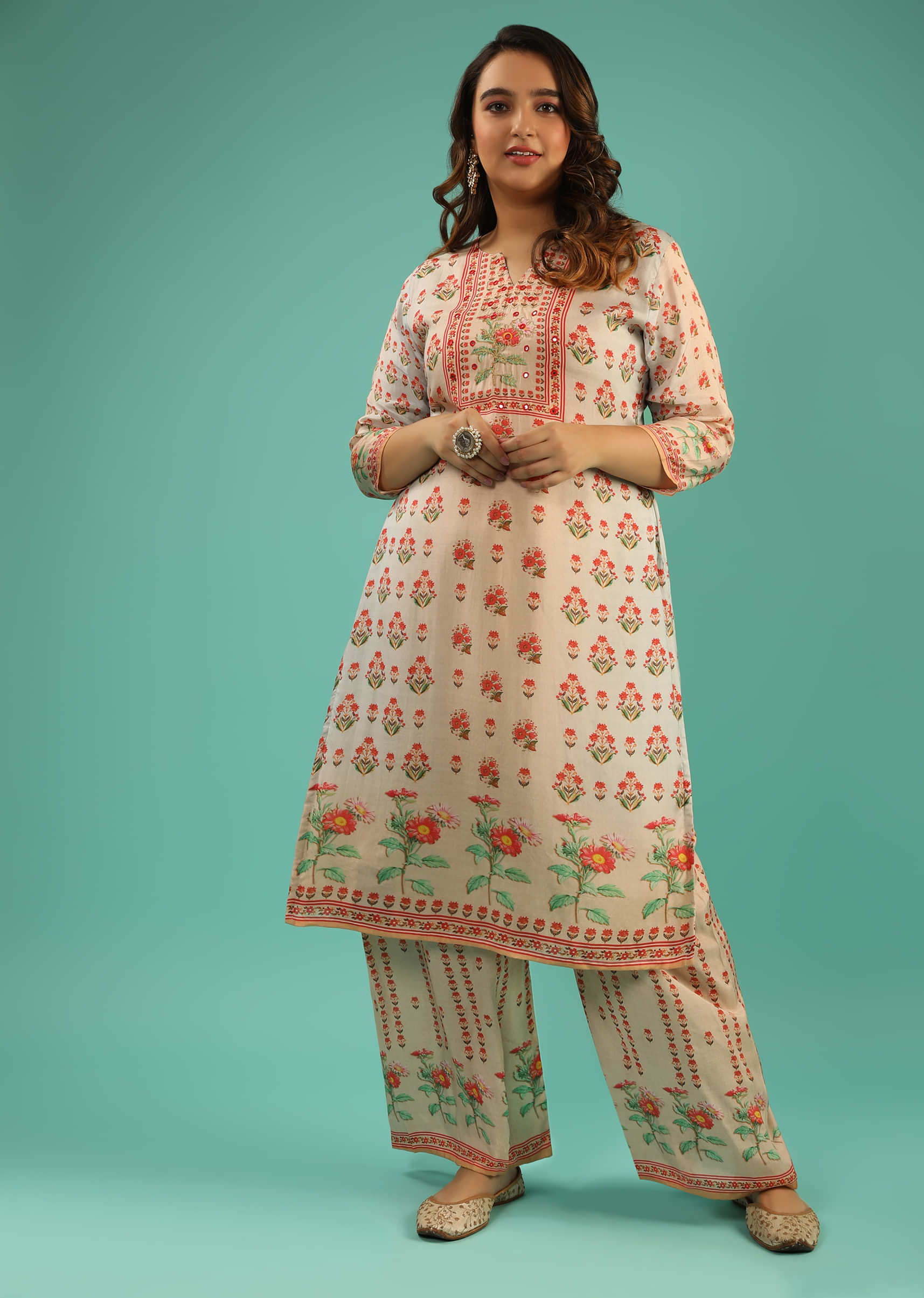 Peach And Grey Shaded Straight Cut Palazzo Suit In Cotton With Floral Printed Buttis And Abla Work  