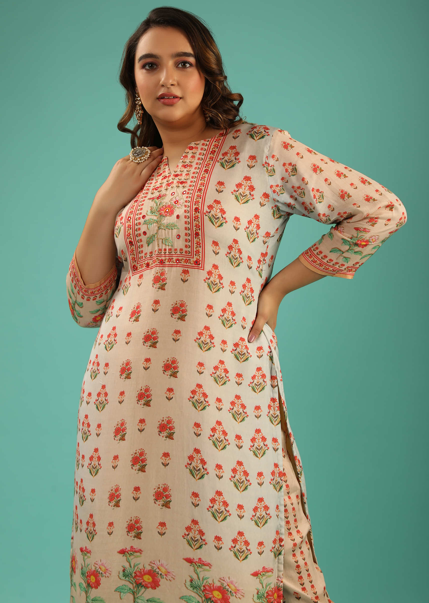 Peach And Grey Shaded Straight Cut Palazzo Suit In Cotton With Abla Work And Floral Printed Buttis