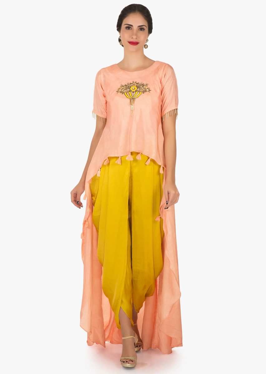 Peach And Mustard Dhoti Suit With The Over Layer Embellished In Resham And Sequin Butti Work Online - Kalki Fashion