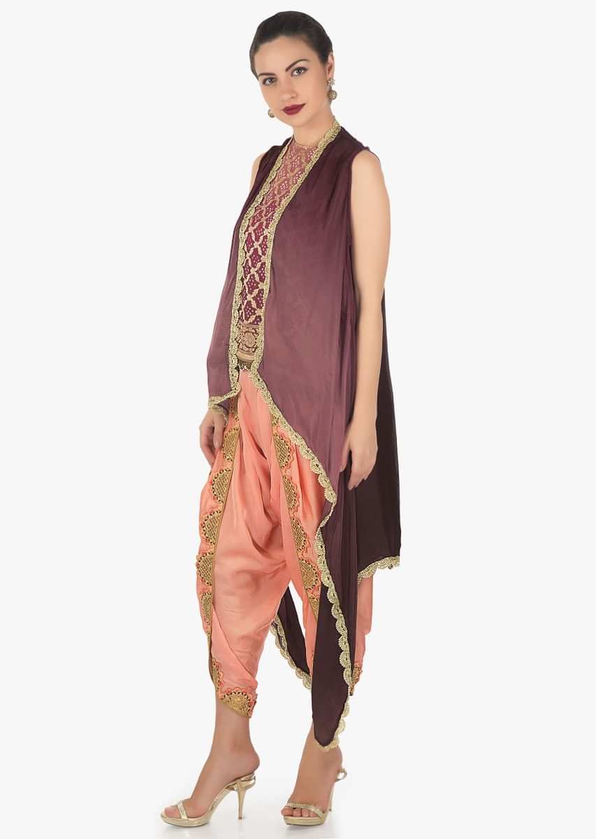 Peach and rani pink shaded top with navy blue dhoti pants in resham and zari work only on Kalki