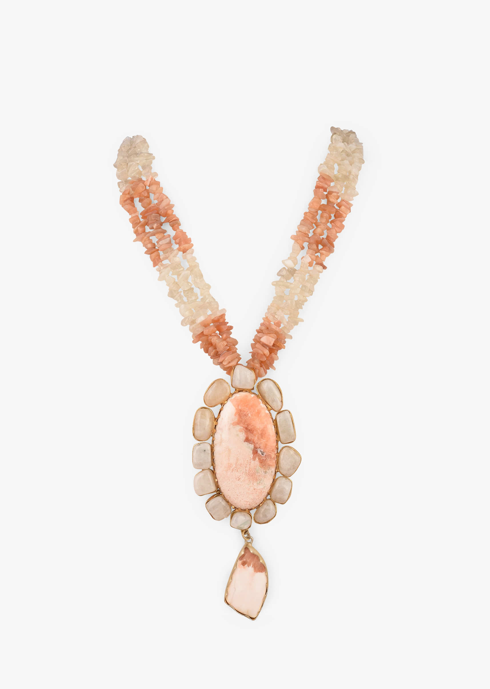 Peach And White Oval Semi Precious Stone Necklace With Tiny Stone Strings 