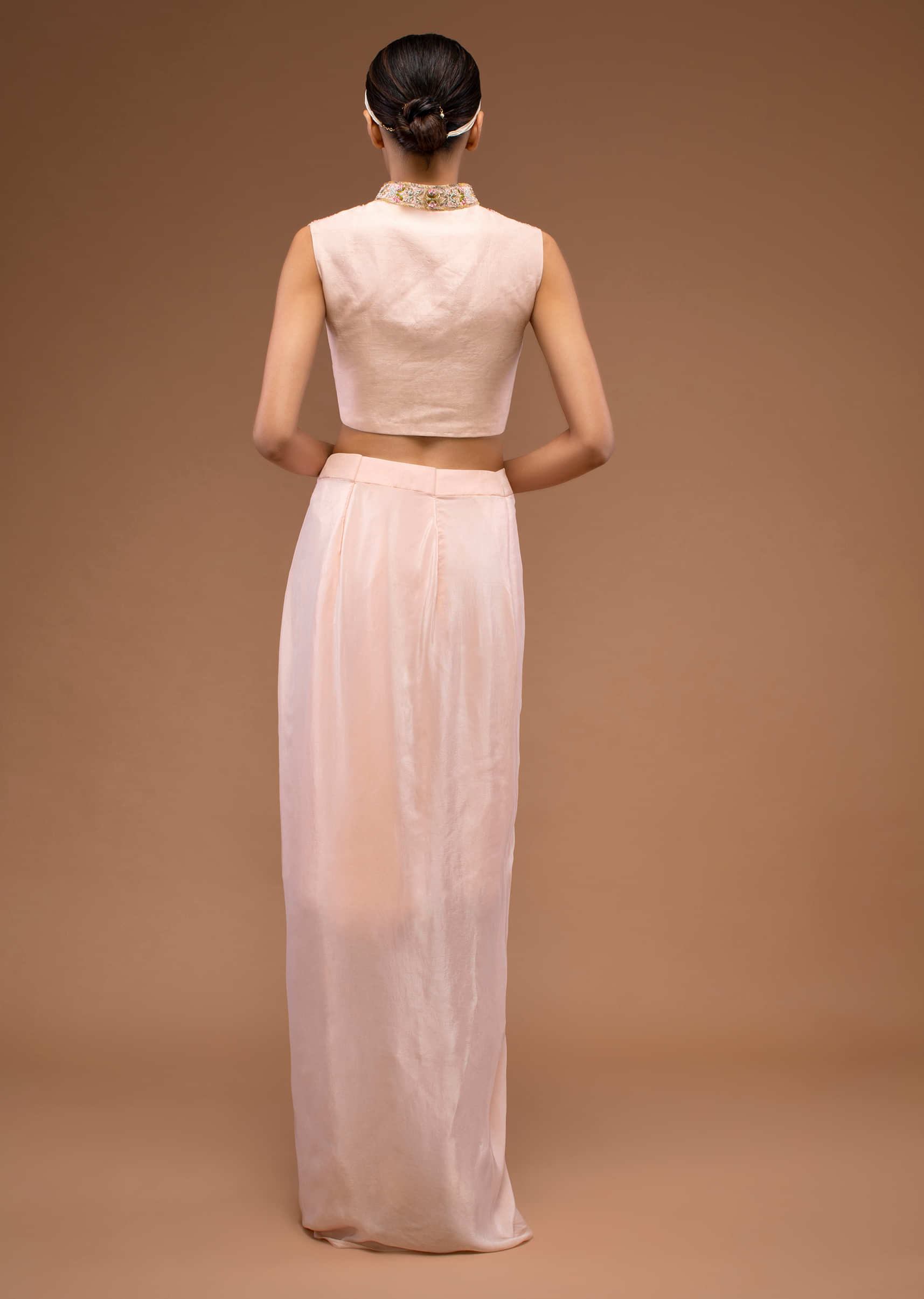 Peach Blush Dhoti Skirt And Crop Top Set In Floral Embroidery, Crafted In Organza With A Side Zip And Hooks Closure