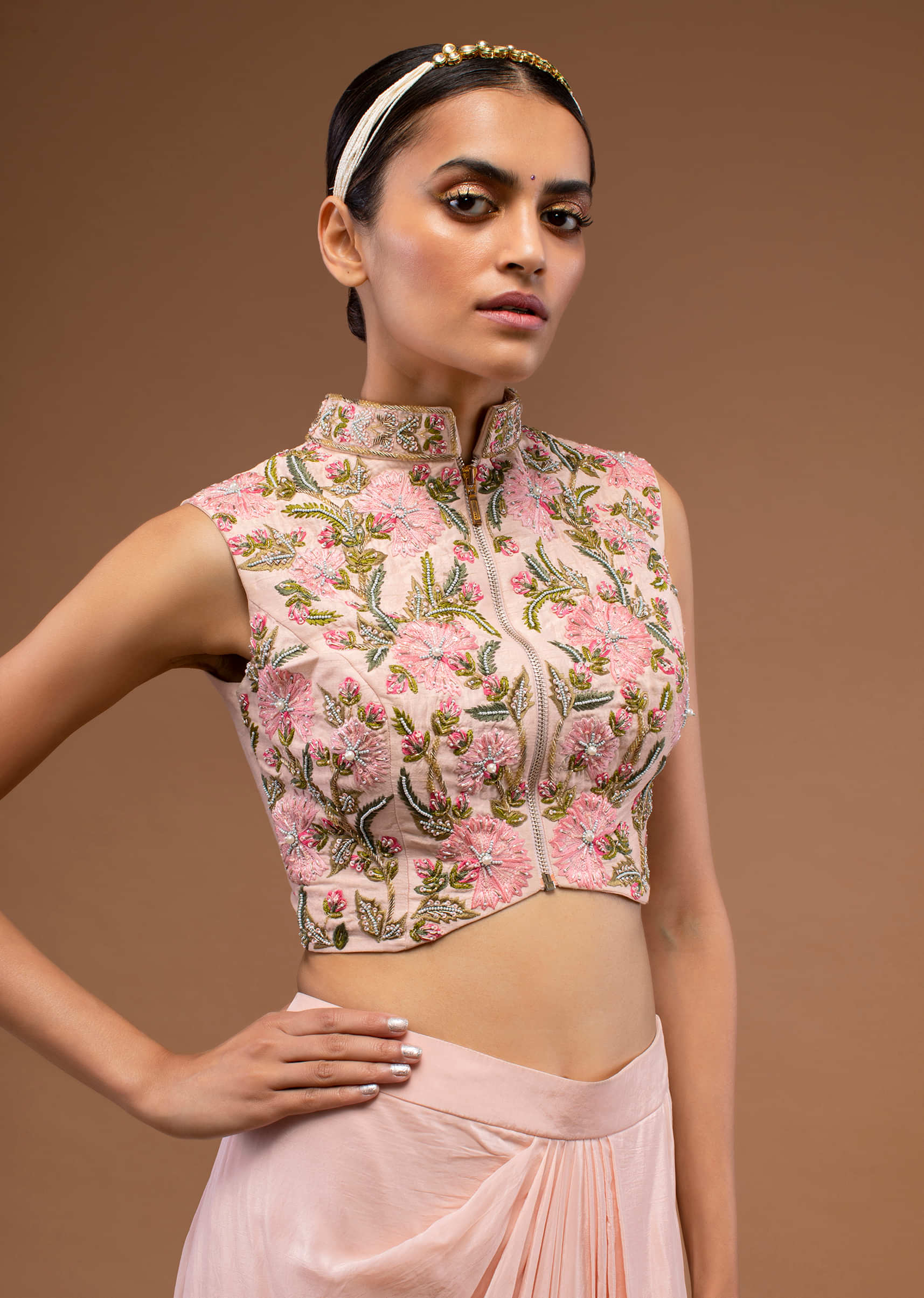 Peach Blush Dhoti Skirt And Crop Top Set In Floral Embroidery, Crafted In Organza With A Side Zip And Hooks Closure