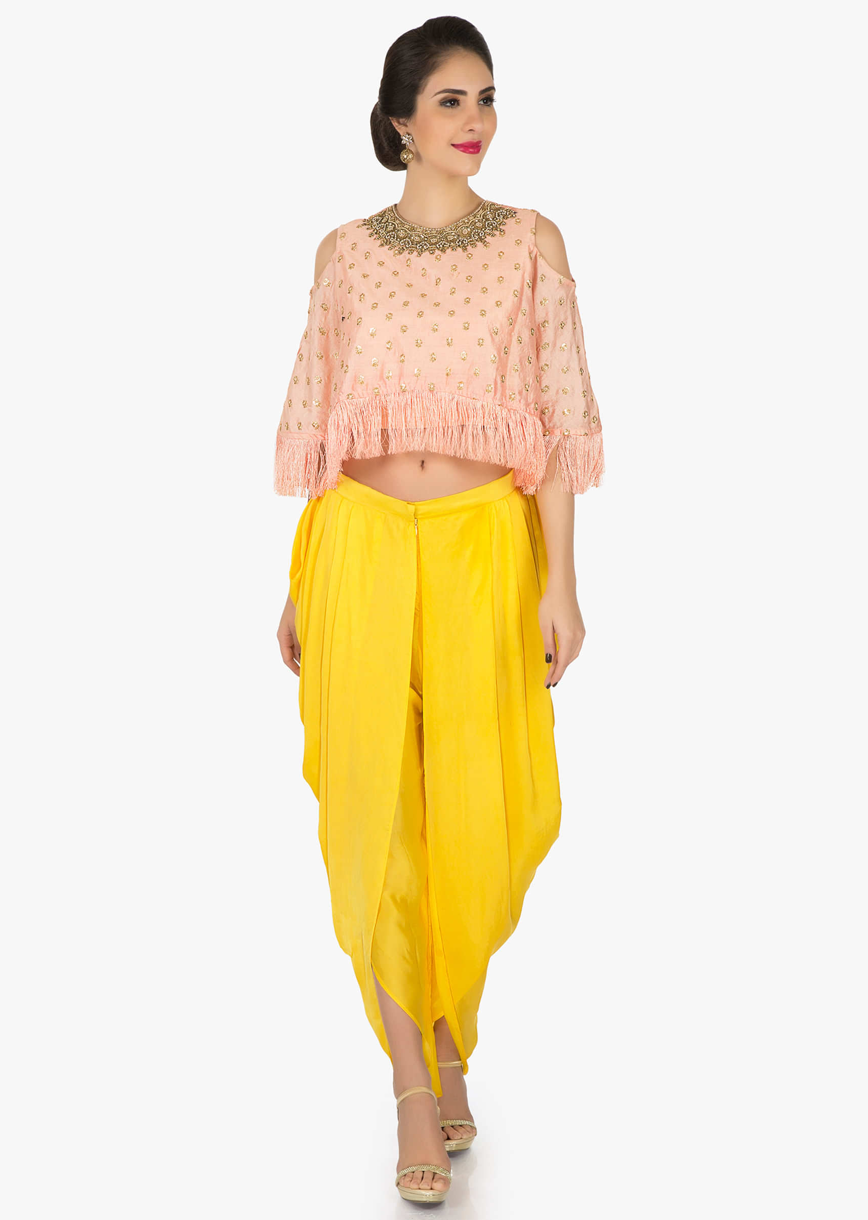 Peach cape and yellow dhoti suit featuring the moti sequin work only on Kalki