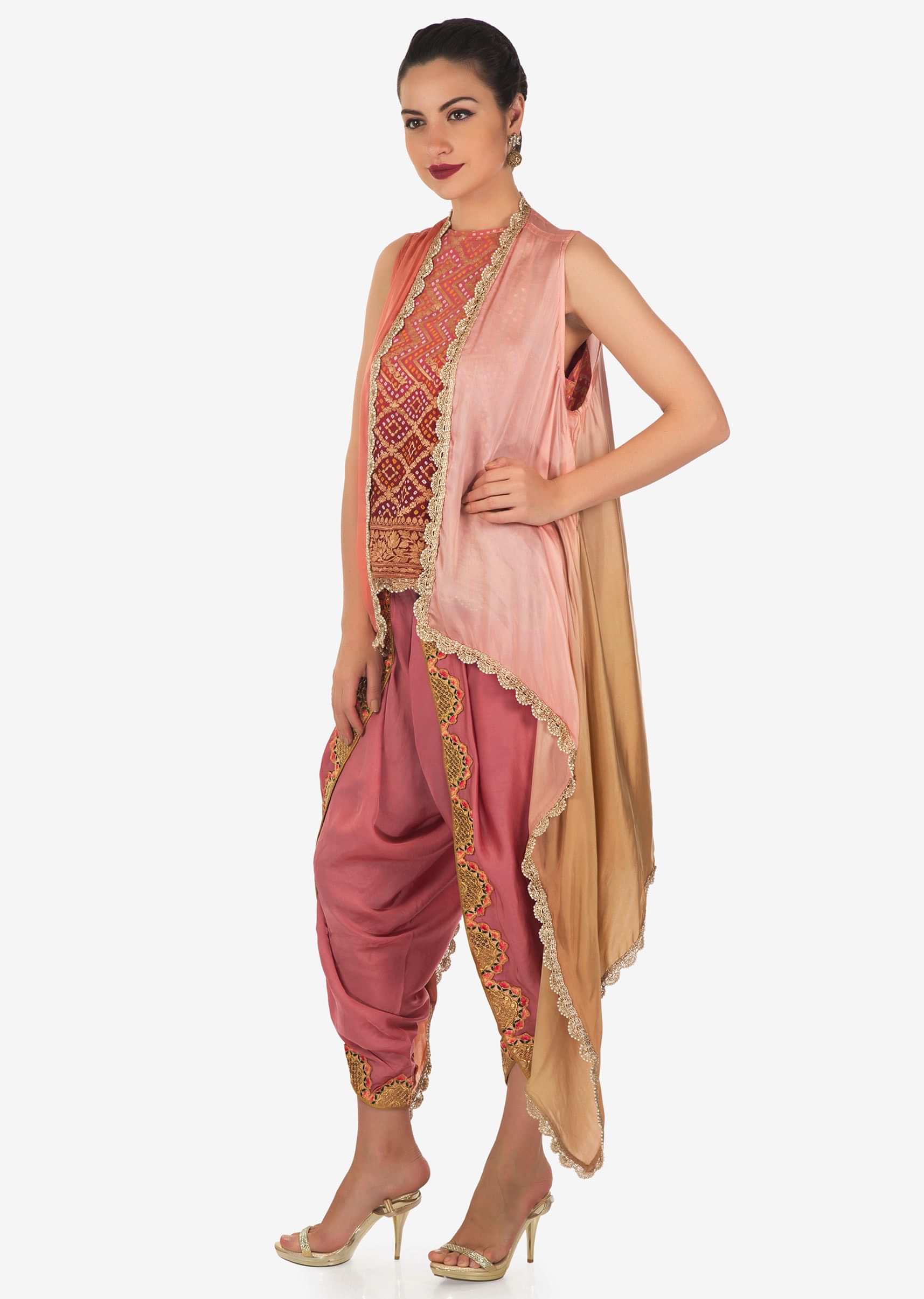 Peach Dhoti Salwar With Short bandhani printed top and shaded jacket only on Kalki