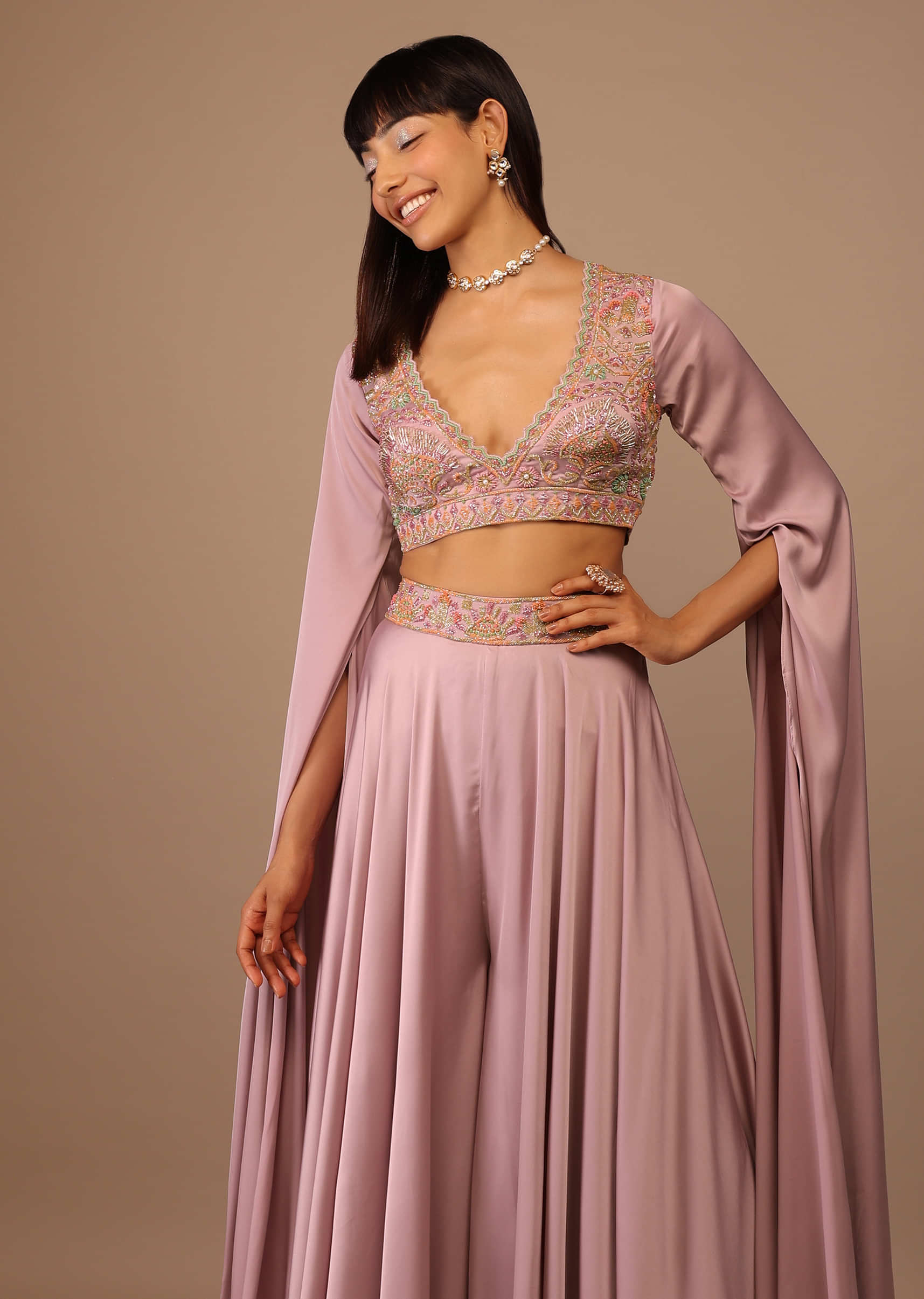Peach Extended Cape Sleeved Hand Embroidered Crop Top With Organaza Palazzo