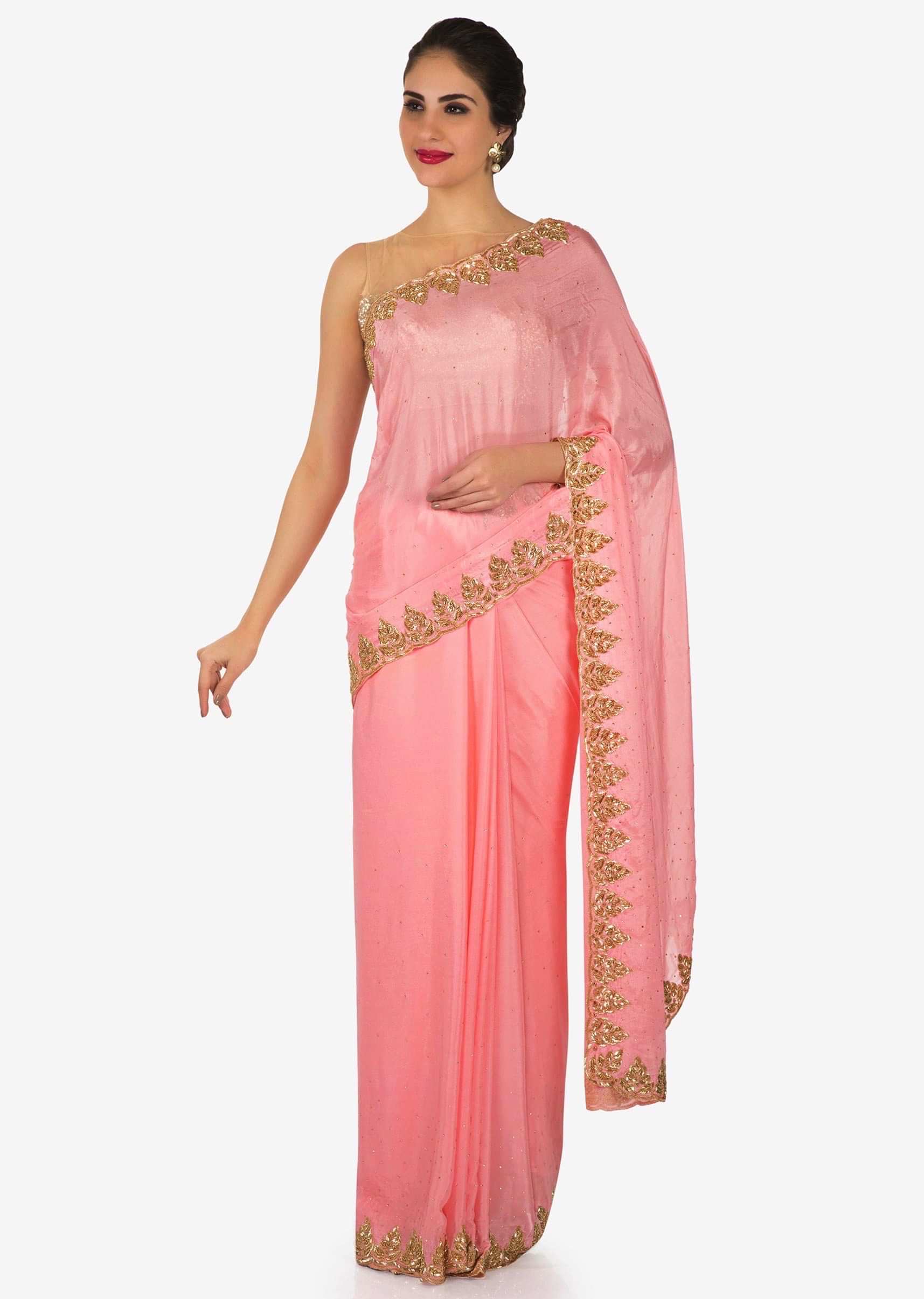 Peach georgette saree with unstitched blouse adorn in heavy cut dana work only on Kalki