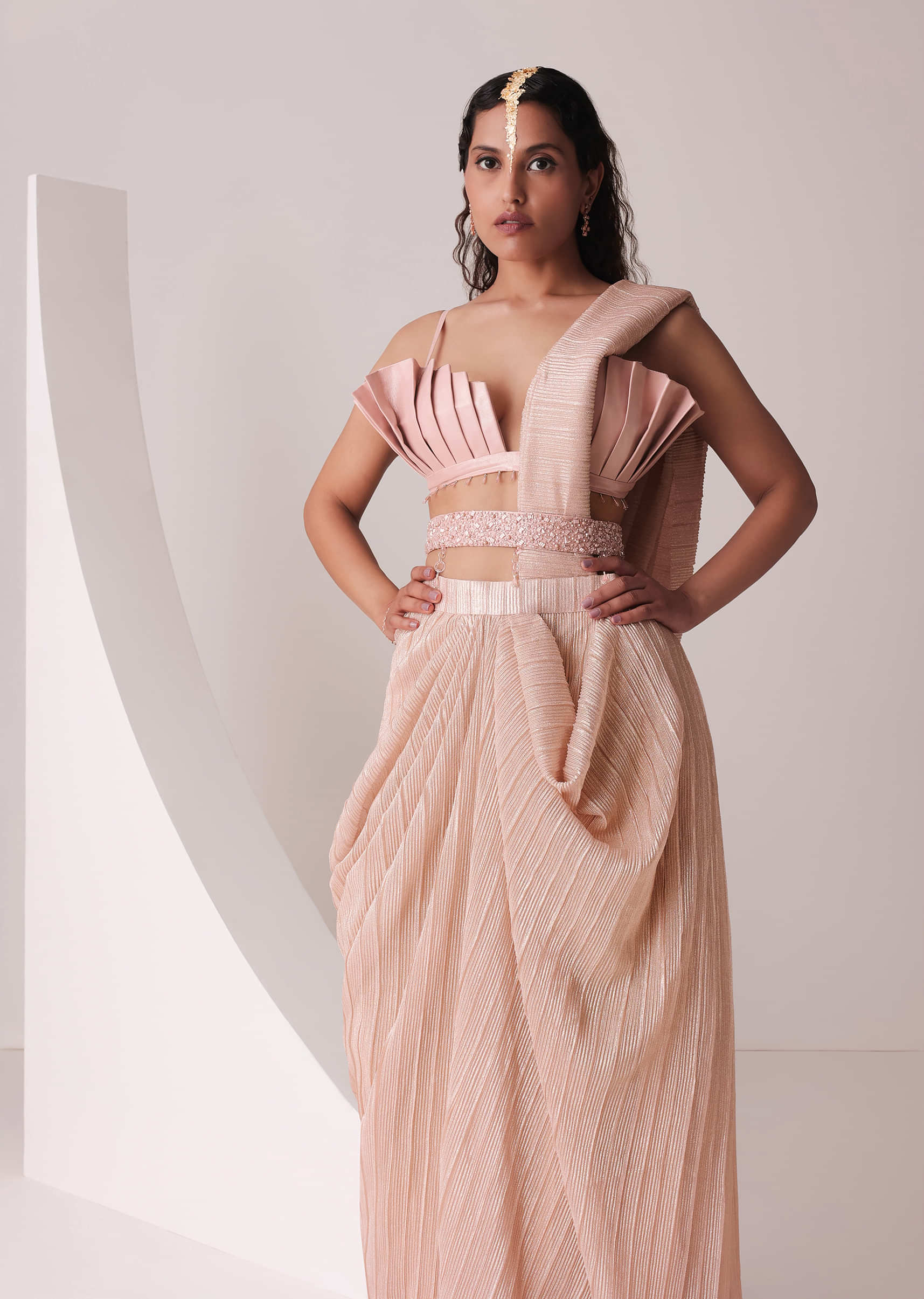 Peach Gold Ready-To-Wear Saree With Pleated Satin Blouse And Embroidered Belt