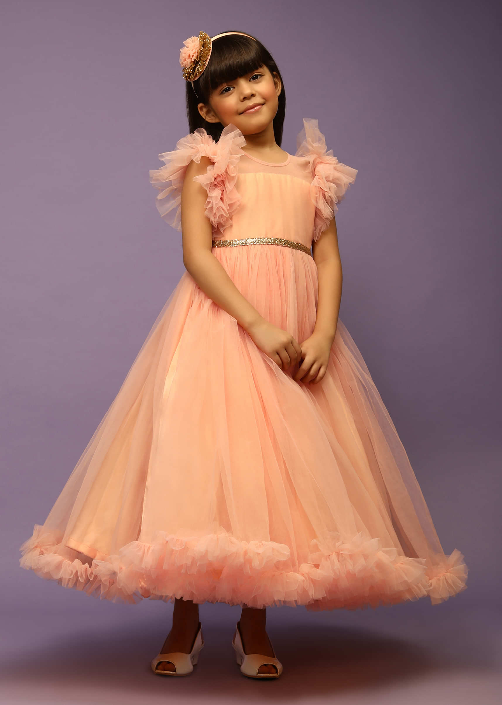 Kalki Girls Peach Gown In Net With Frill Sleeves And Glitter Belt   