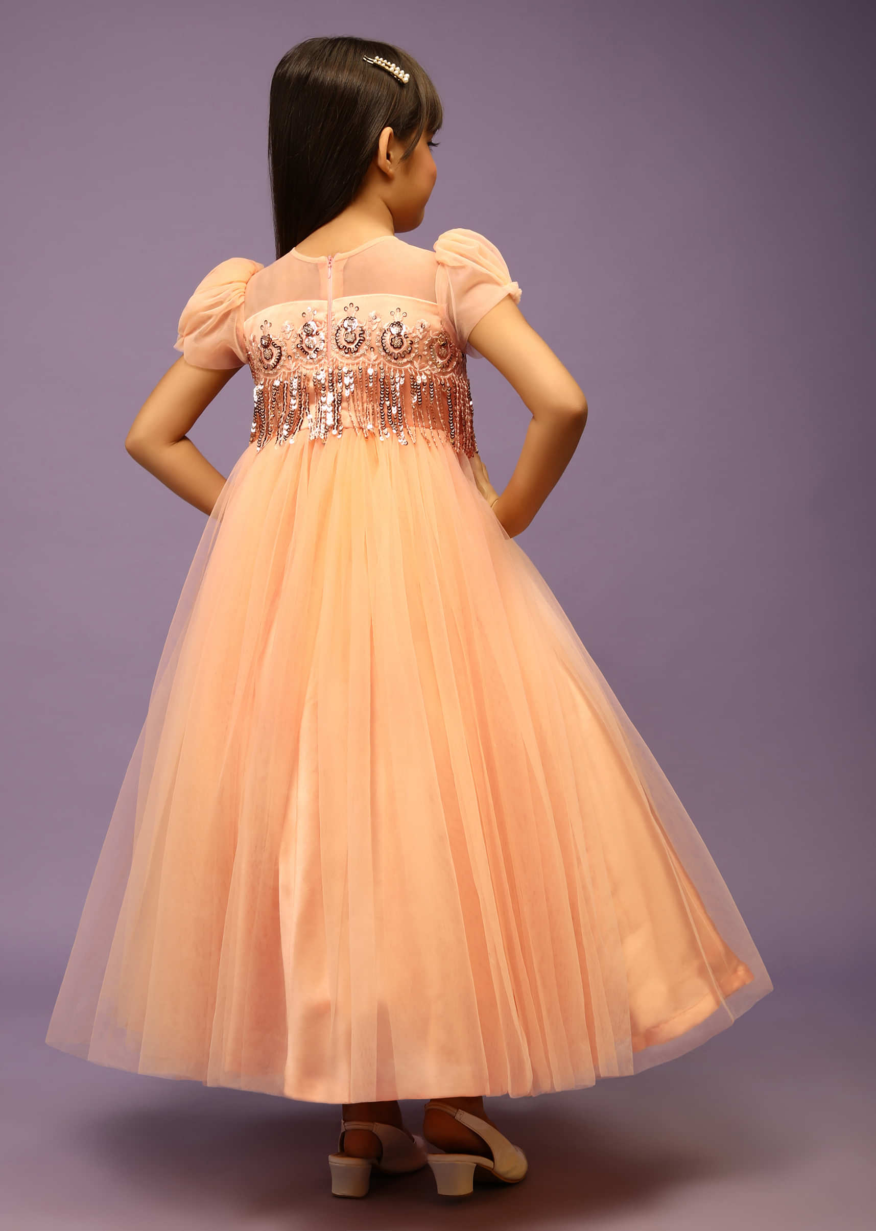 Kalki Girls Peach Gown In Net With Sequin Fringes And Puff Sleeves  