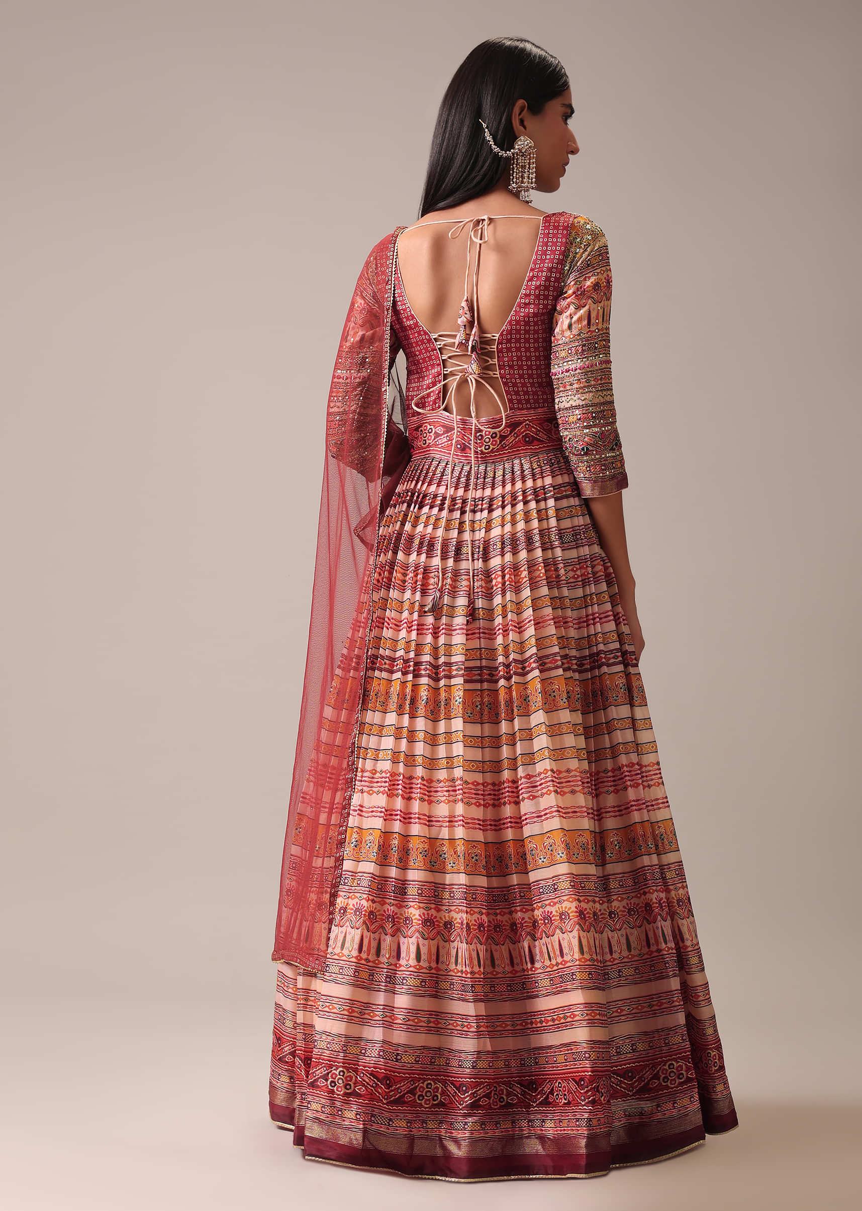 Buy Peach Indie Print Anarkali Suit Set In Tussar Silk