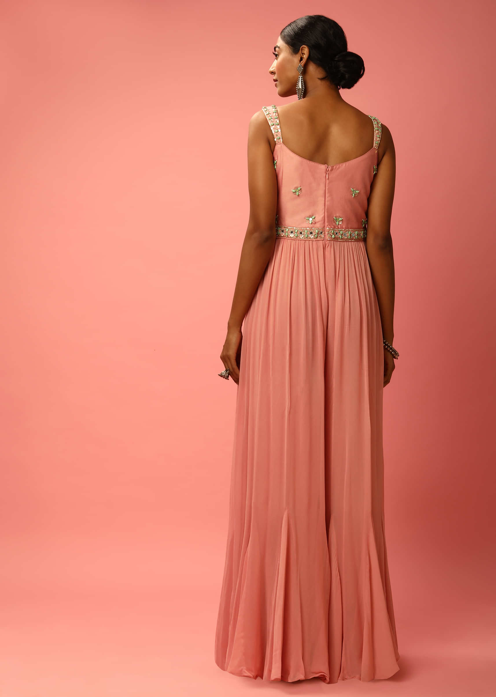 Peach Jumpsuit In Georgette With Multi Colored Beads And Sequins Embroidered Flowers