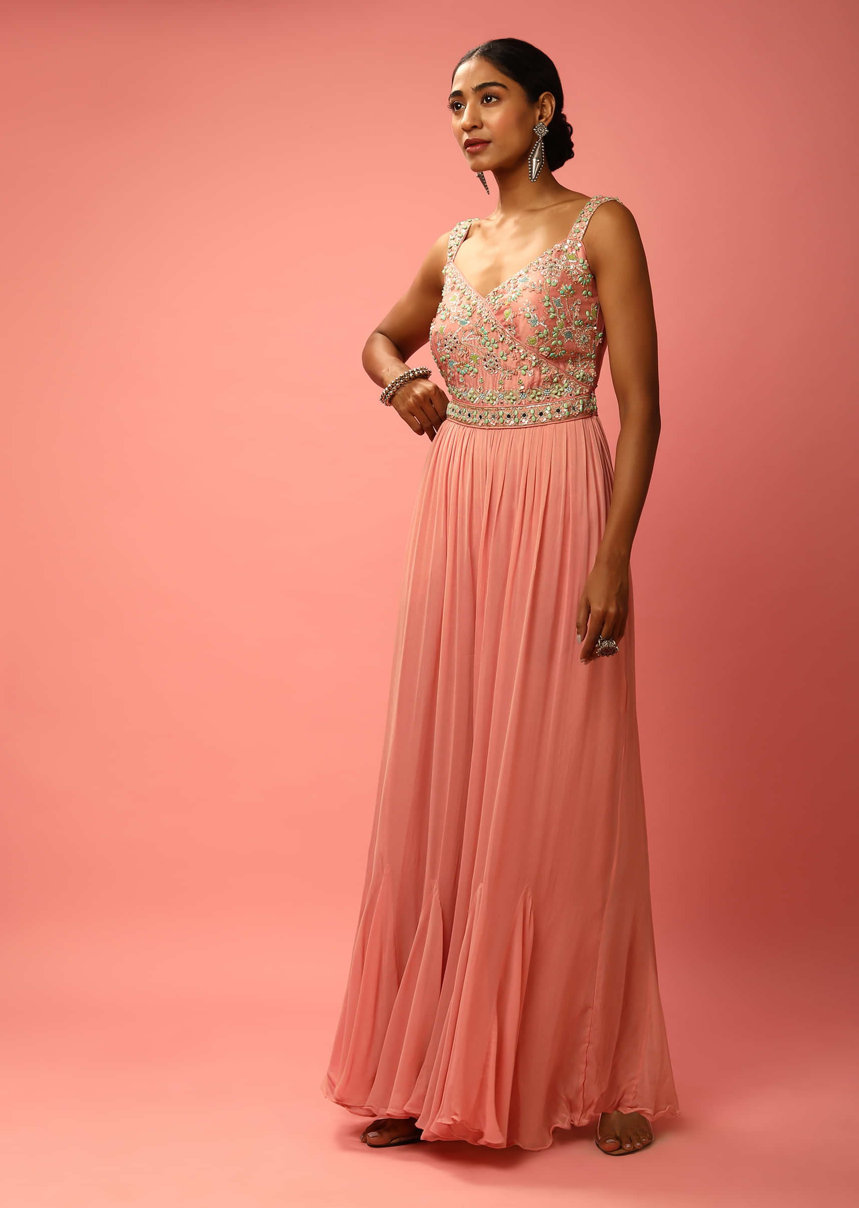 Peach Jumpsuit In Georgette With Multi Colored Beads And Sequins Embroidered Flowers