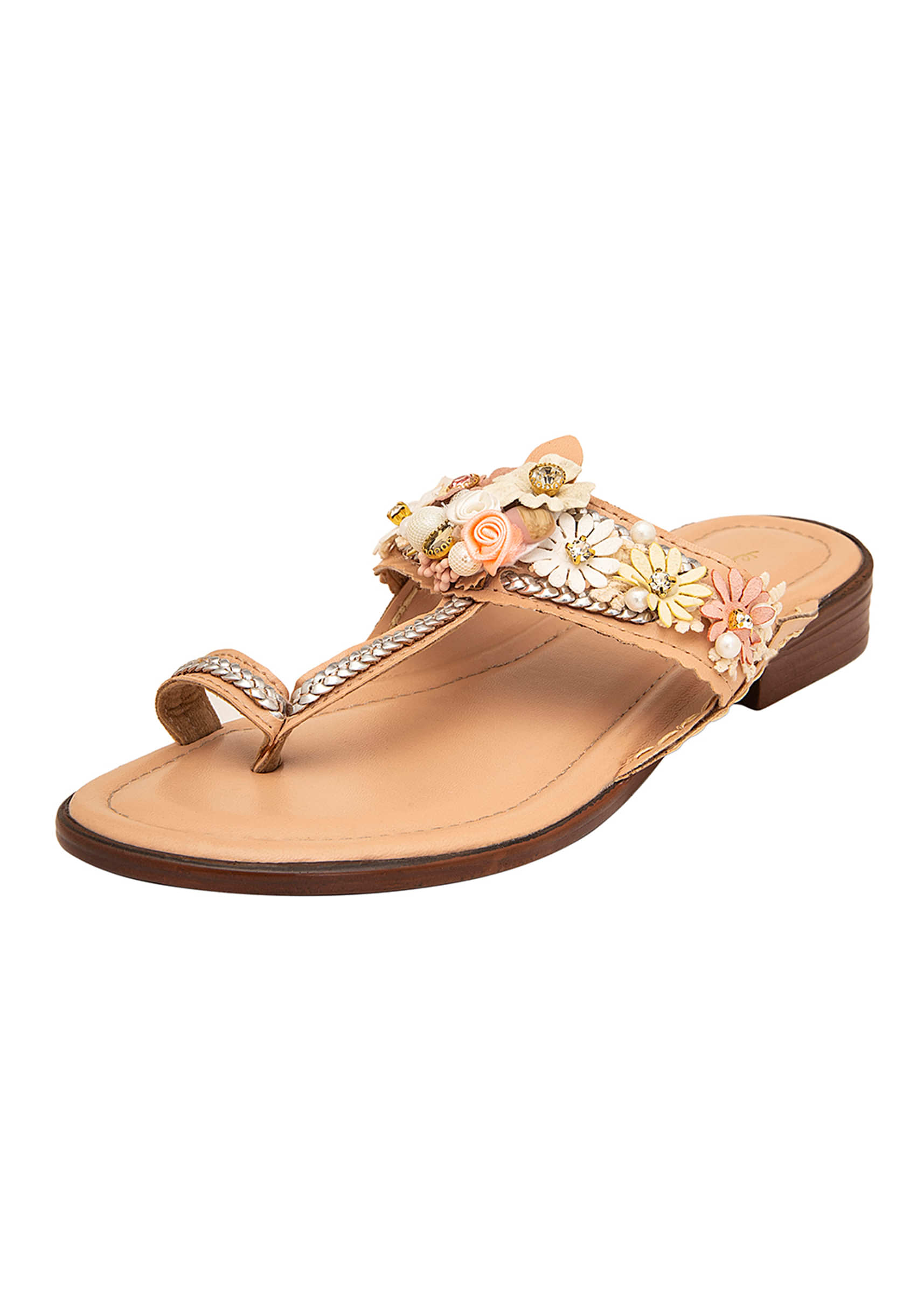 Peach Kolhapuri Cushioned Flat Footwear With Floral Embellishment