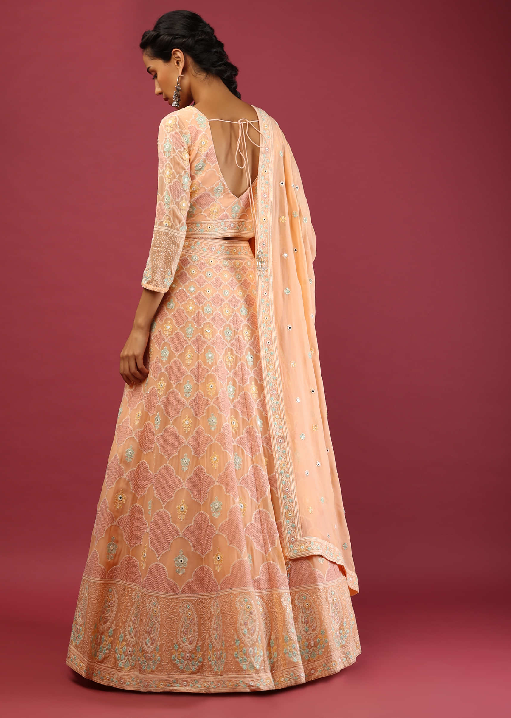 Peach Lehenga Choli With Multi Colored Lucknowi Thread Embroidered Moroccan Jaal And Floral Motifs Online - Kalki Fashion