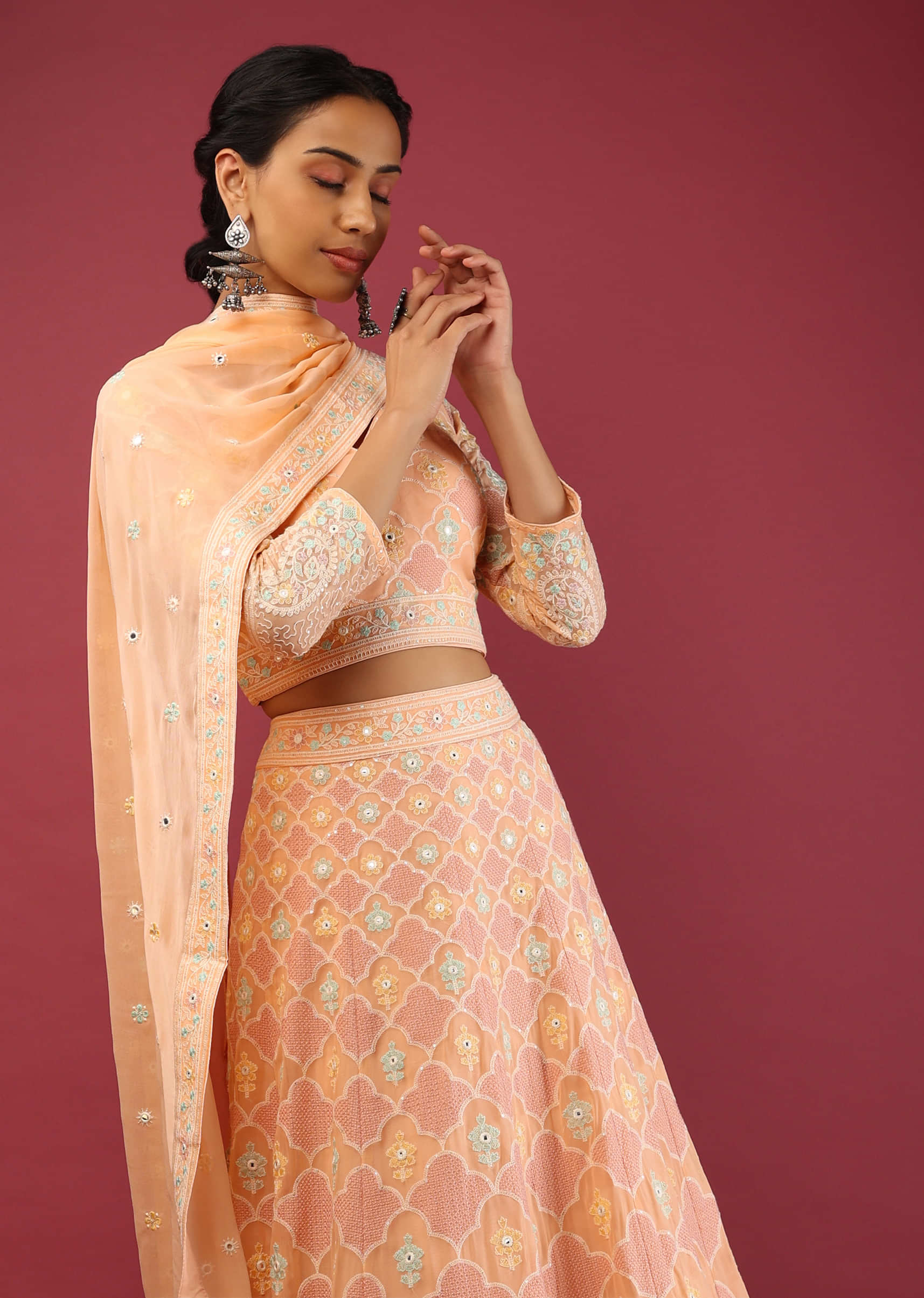 Peach Lehenga Choli With Multi Colored Lucknowi Thread Embroidered Moroccan Jaal And Floral Motifs Online - Kalki Fashion
