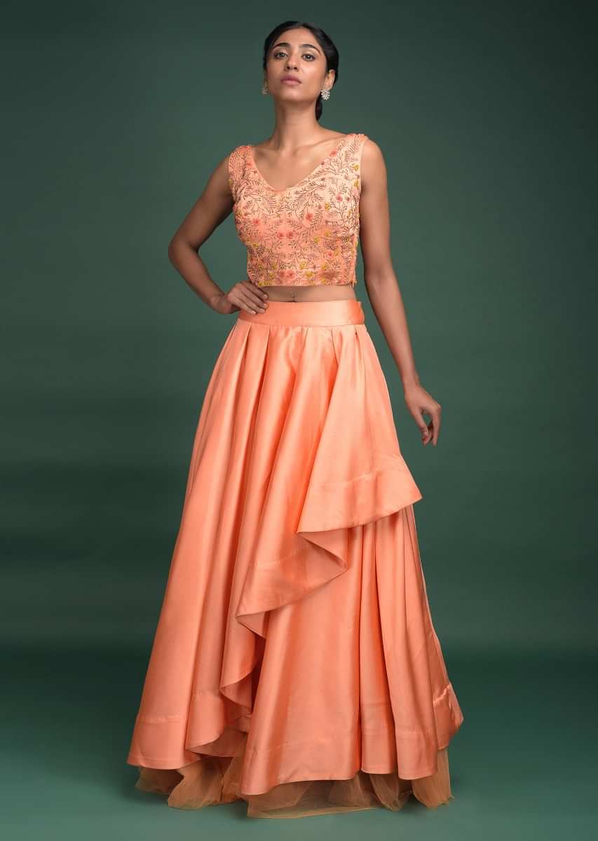 Peach Lehenga In Milano Satin With Pleated Overlapping Layer And Embroidered Corset Online - Kalki Fashion