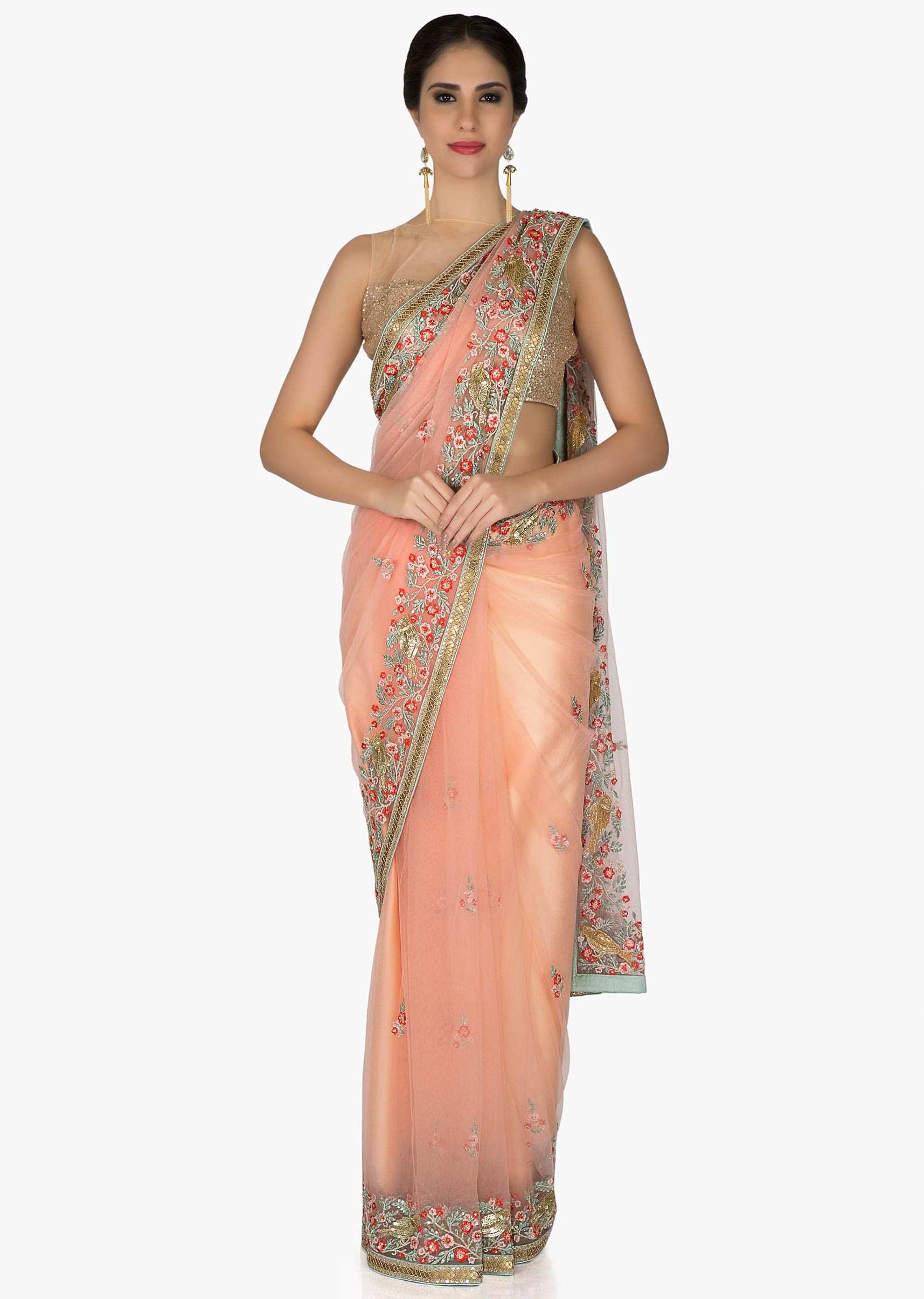 Peach Net Saree and Blouse Adorned with Resham Work, Sequins and Cut Dana only on Kalki