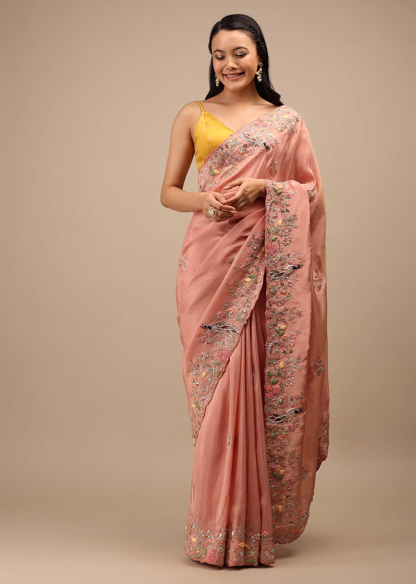 Peach Organza Saree In Multi-Color Resham And Peacock Motifs Work On The Border
