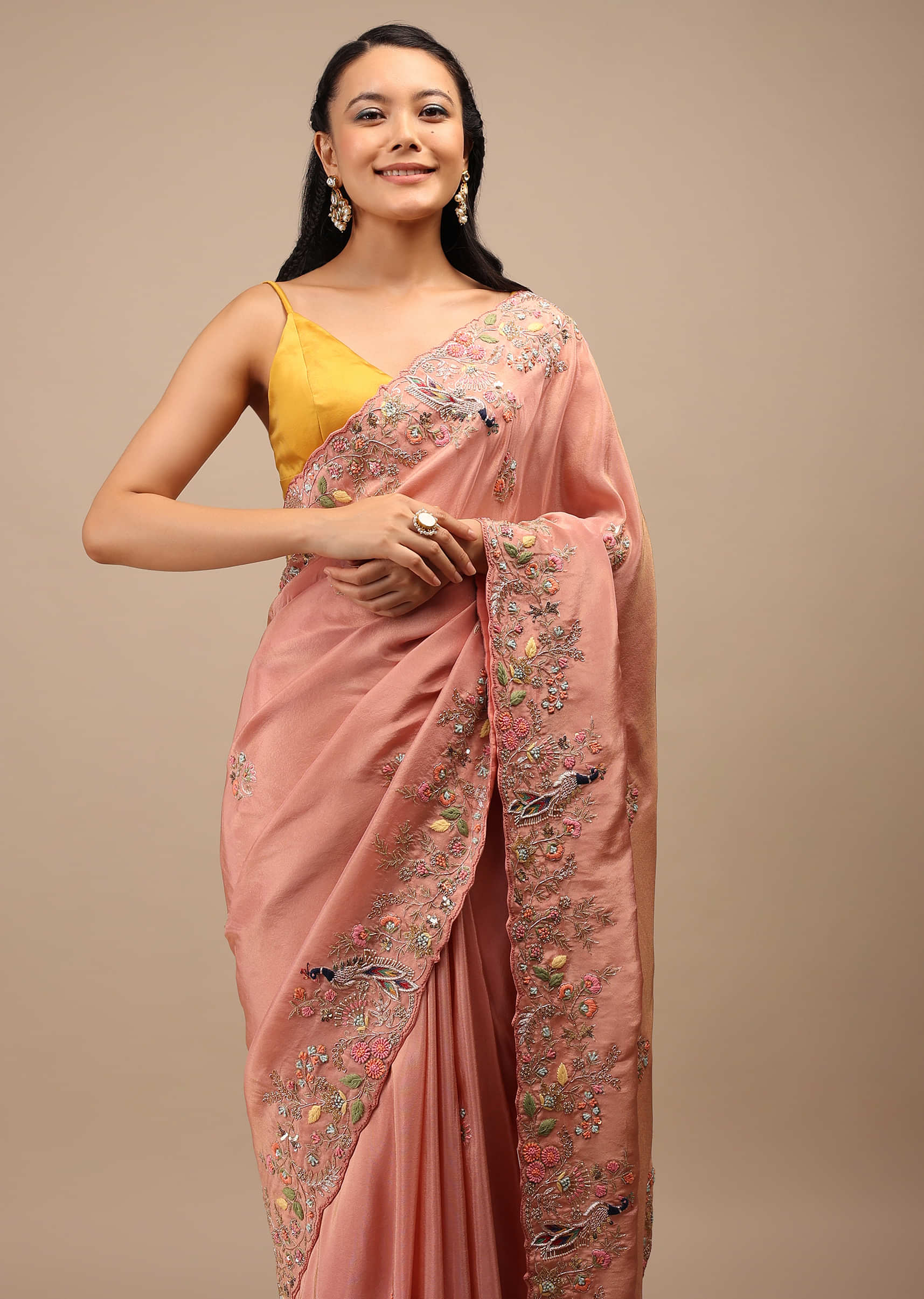 Peach Organza Saree In Multi-Color Resham And Peacock Motifs Work On The Border