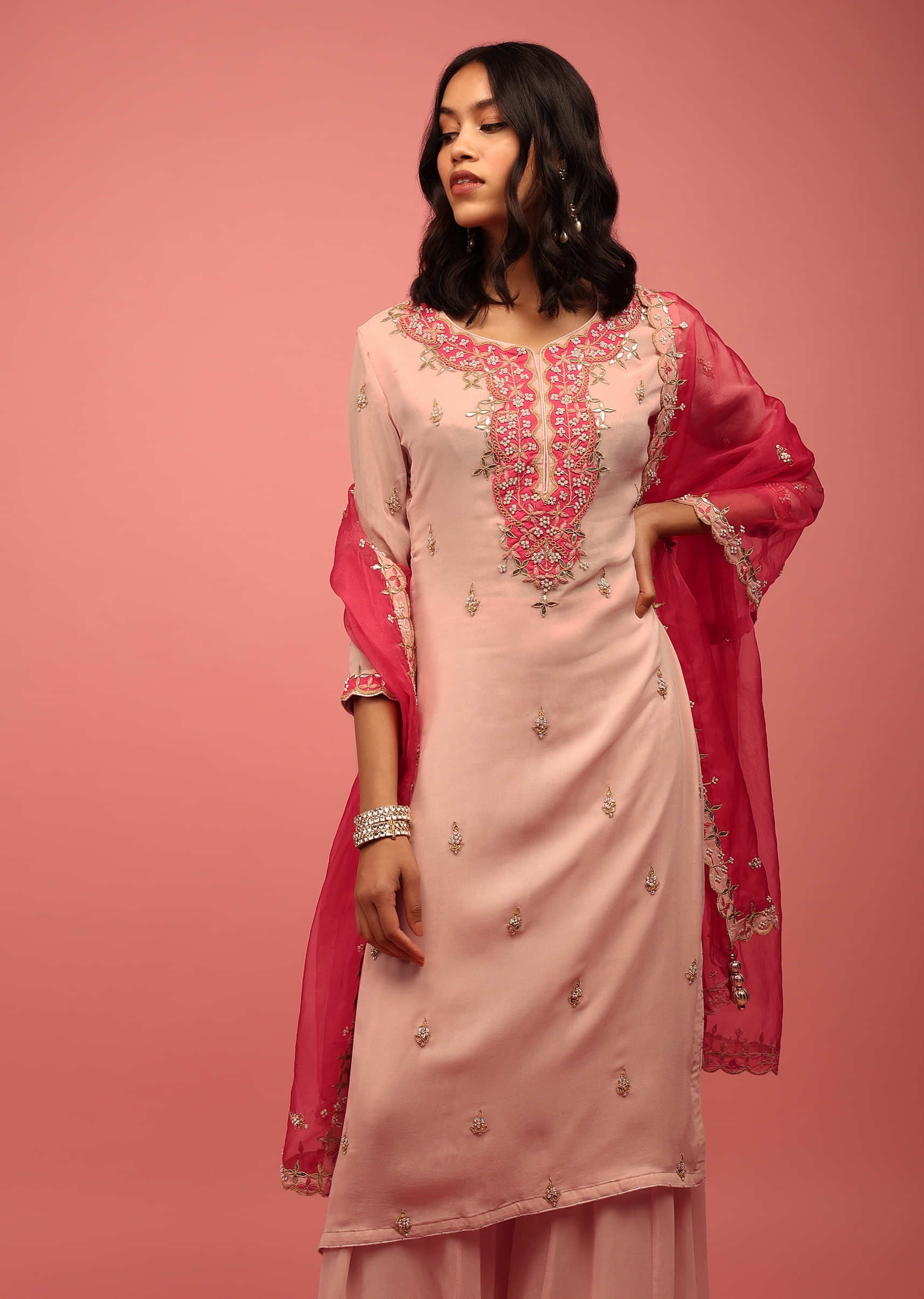 Peach Palazzo Suit Set Handcrafted In Georgette With A Hot Pink Organza Dupatta