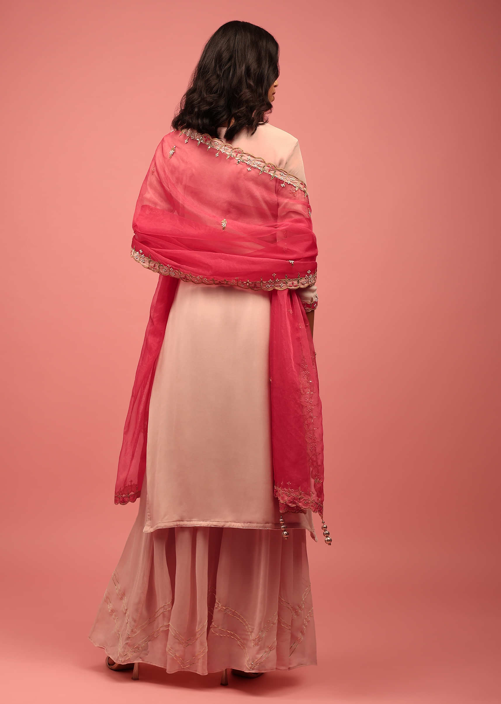 Peach Palazzo Suit Set Handcrafted In Georgette With A Hot Pink Organza Dupatta