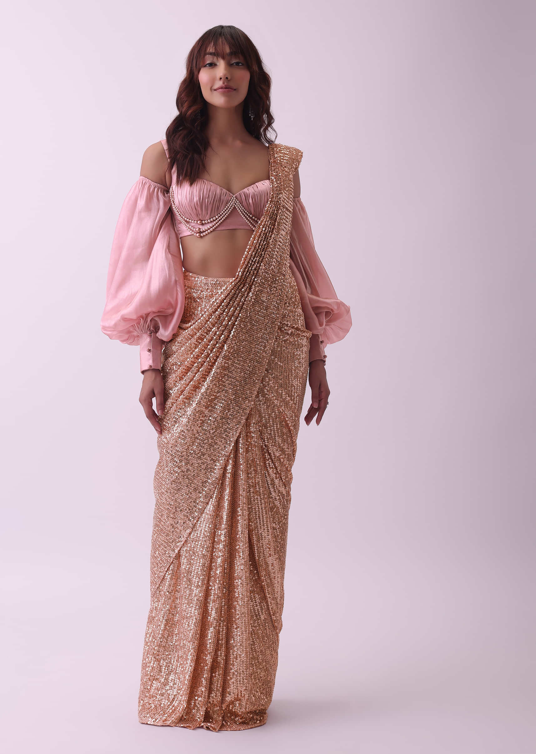 Buy Ivory & gold pre-stitched lehenga sari set -Designer Wear - Ensemble