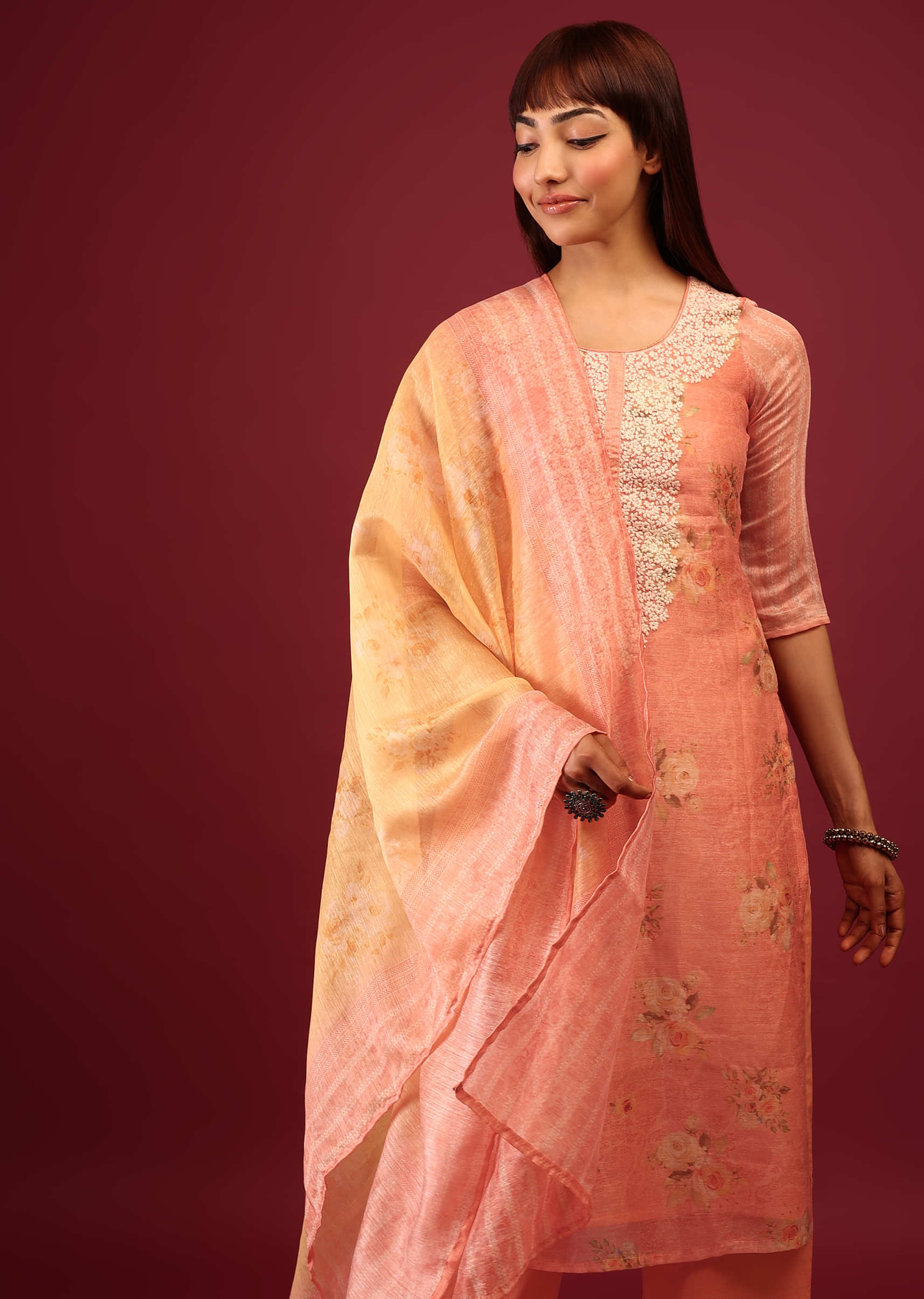 Peach Pink Floral Print Palazzo Suit In U Neckline With Thread And Zari Embroidery