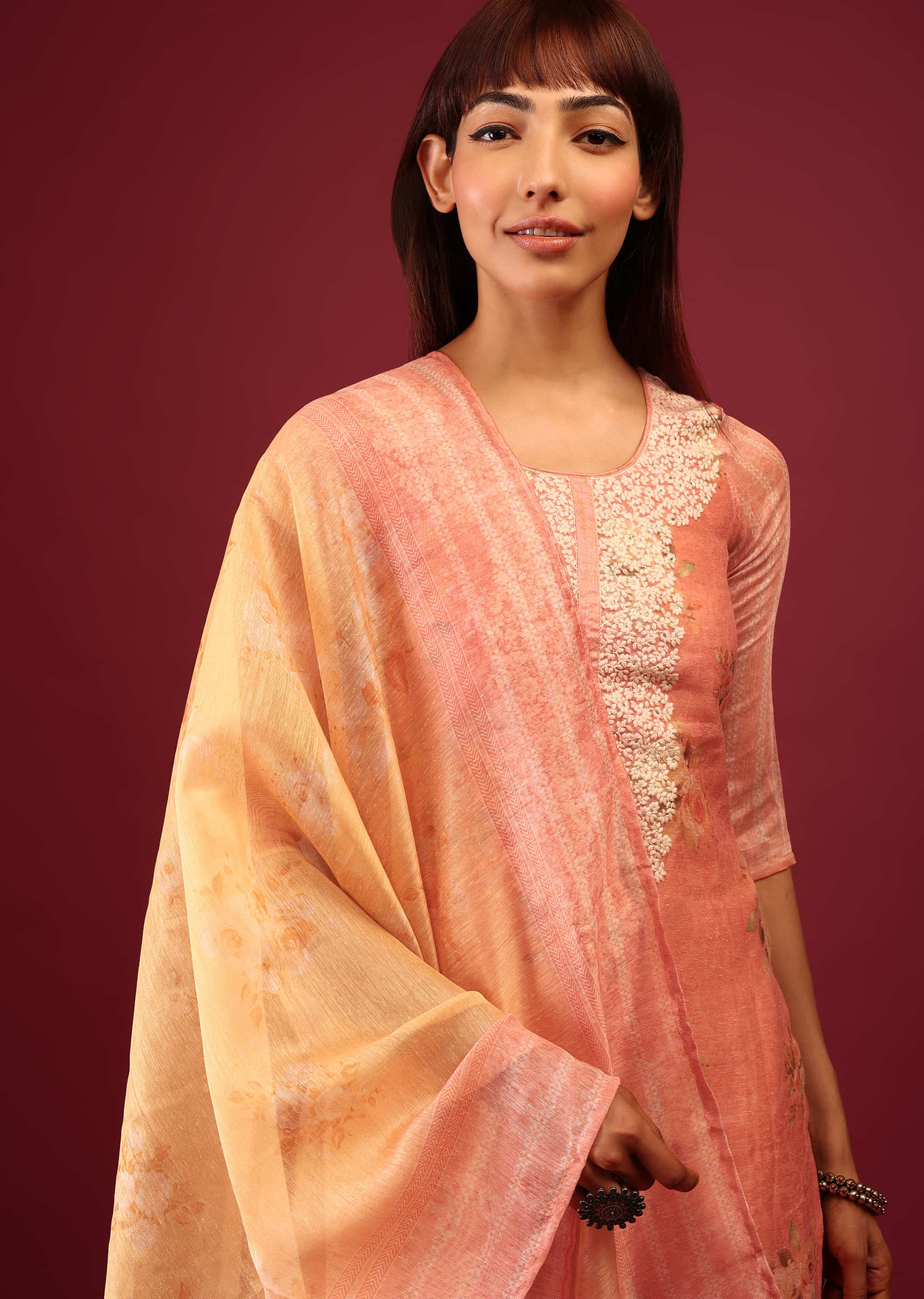 Peach Pink Floral Print Palazzo Suit In U Neckline With Thread And Zari Embroidery