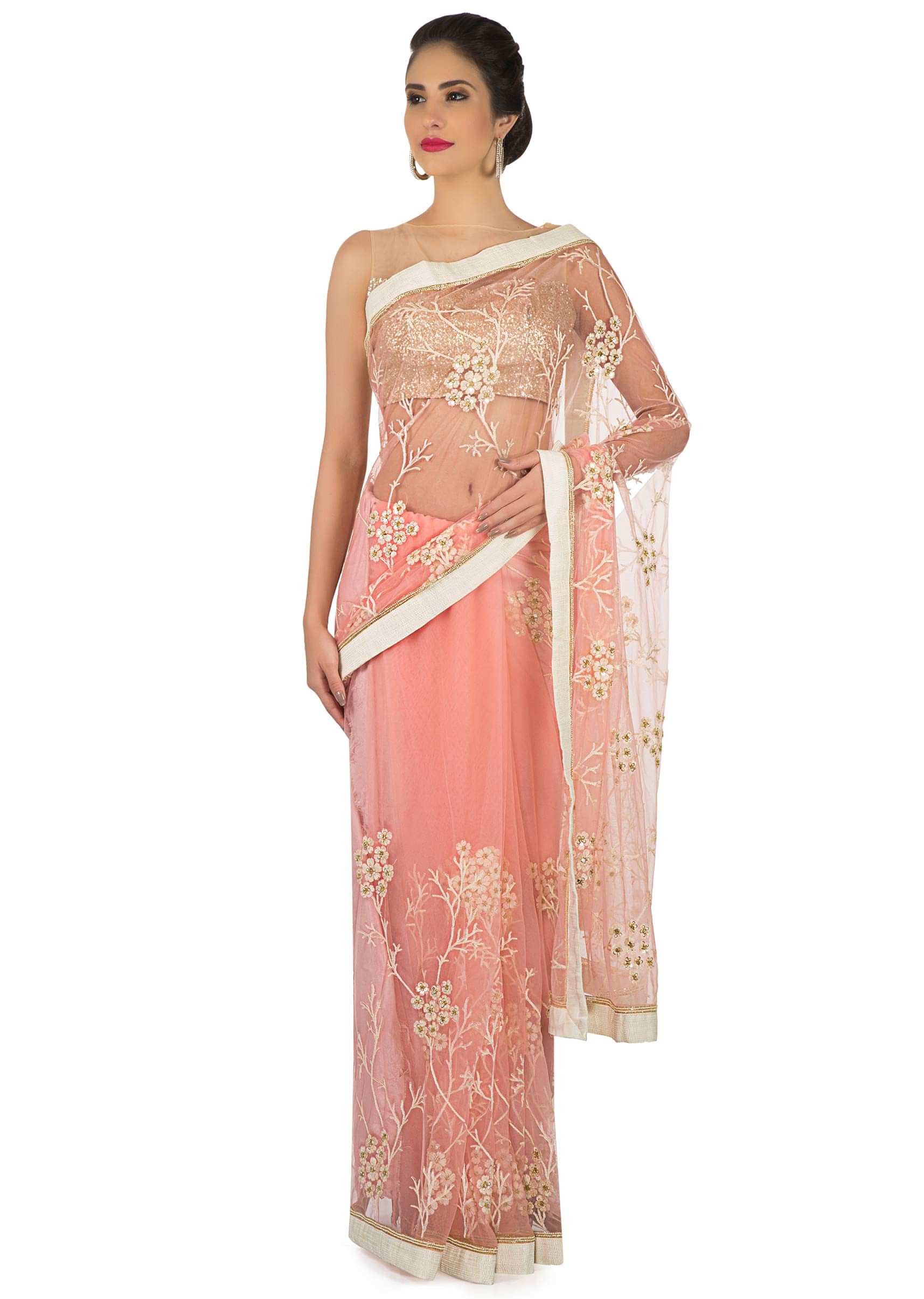 Peach saree in net with floral jaal motif embroidery only on Kalki