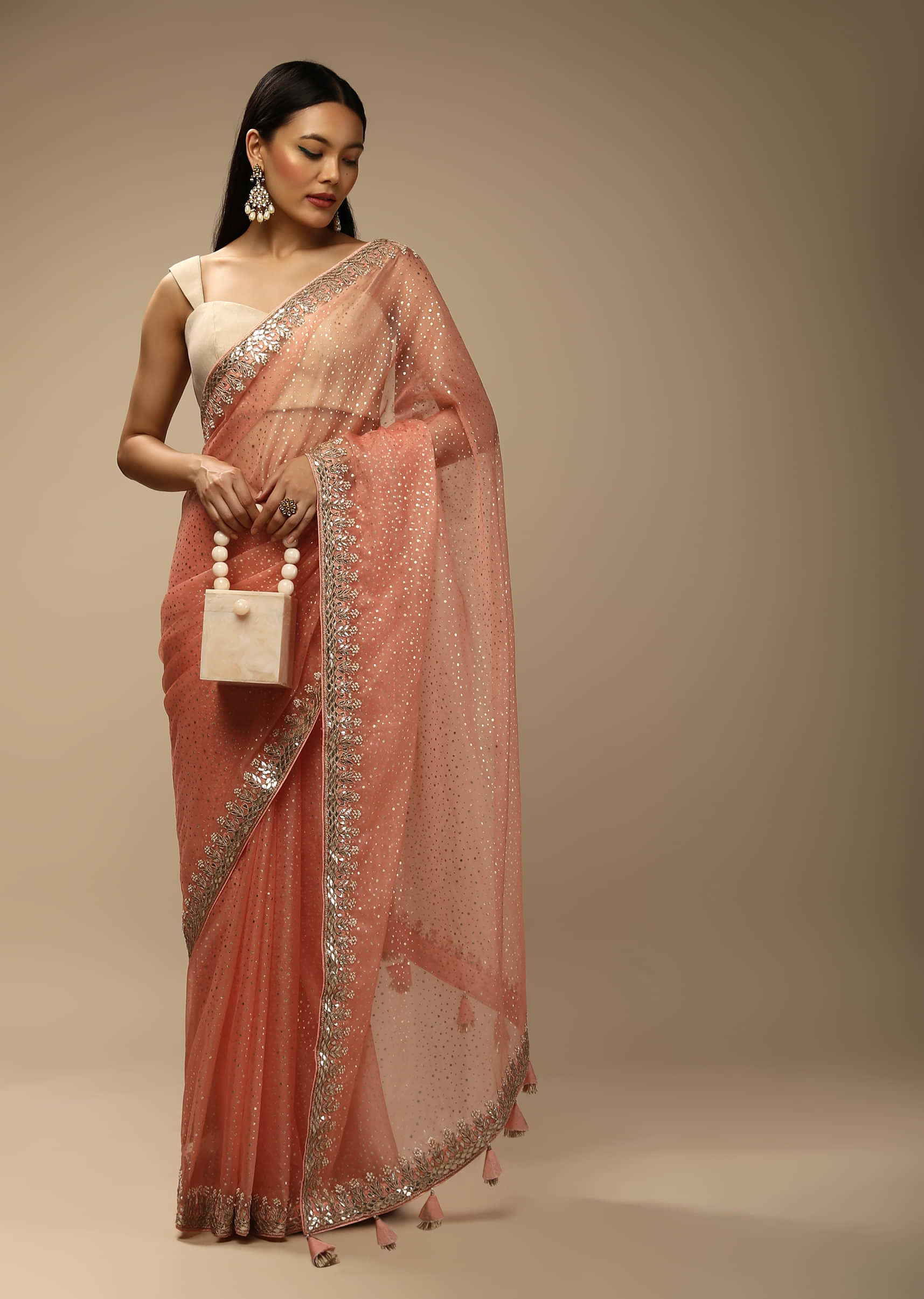 Peach Saree In Organza With Foil Printed Scattered Dots And Gotta Embroidered Border