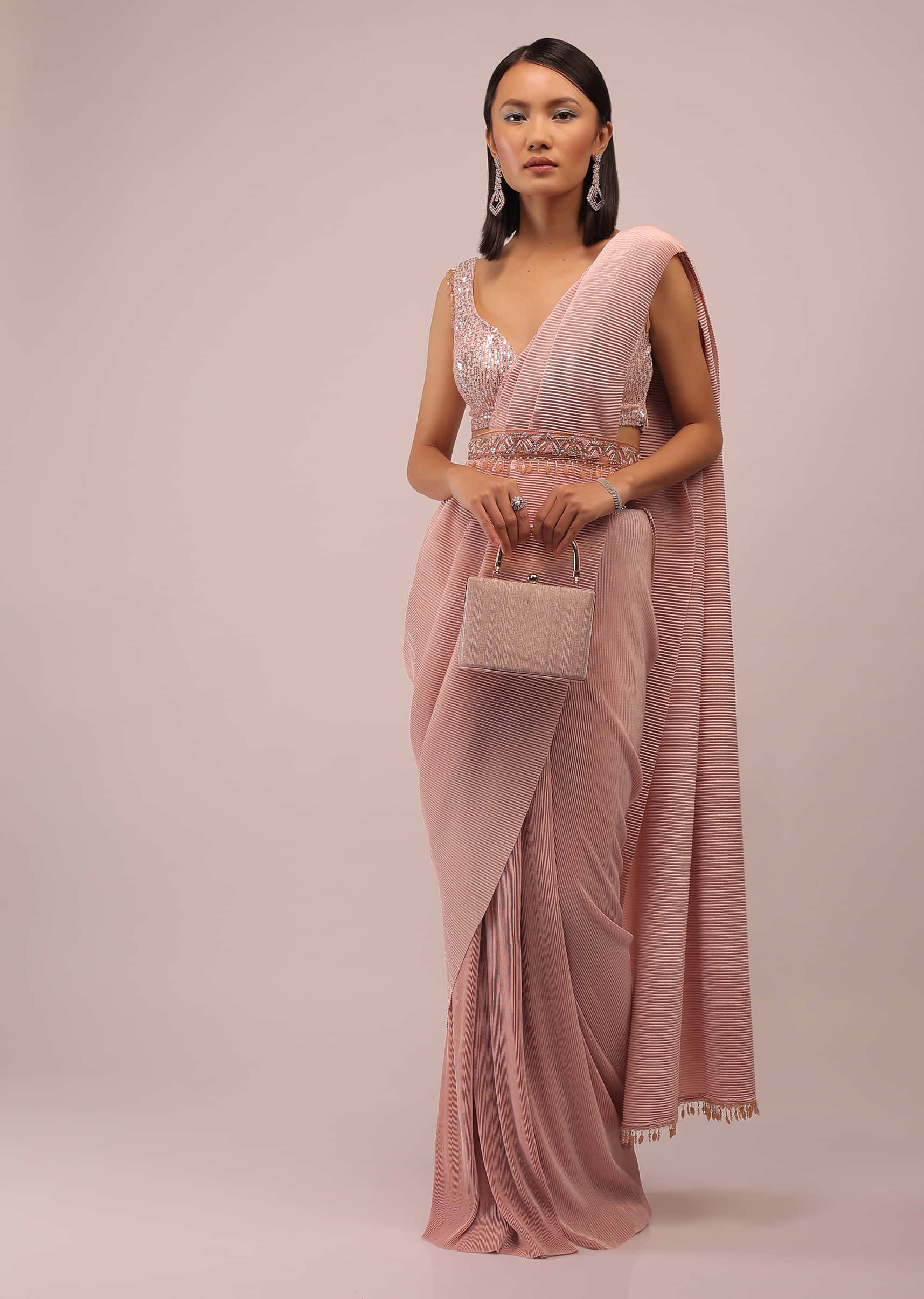 Peach Saree With A Crop Top Crafted In Net With Sequins Embroidery