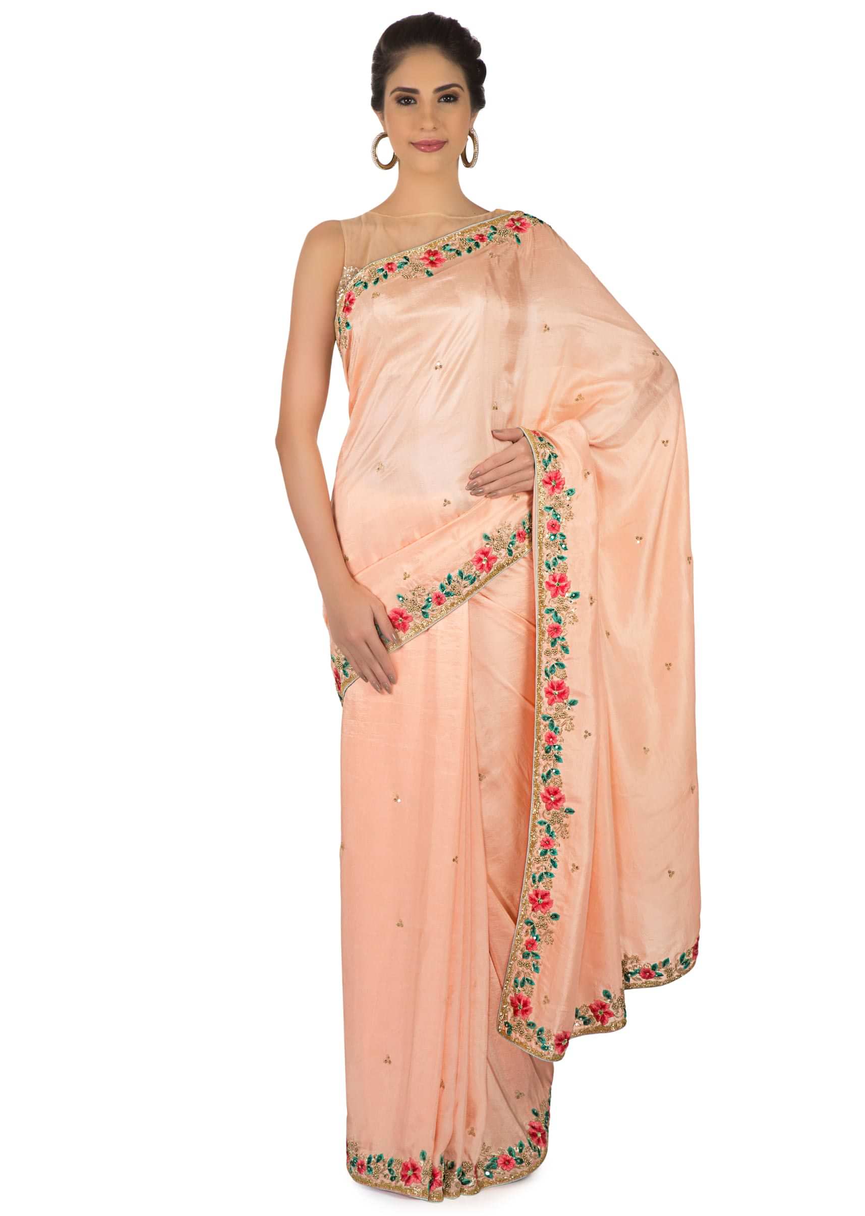 Peach Saree In Satin Embellished In Resham And Moti Embroidery In Floral Motif Online - Kalki Fashion