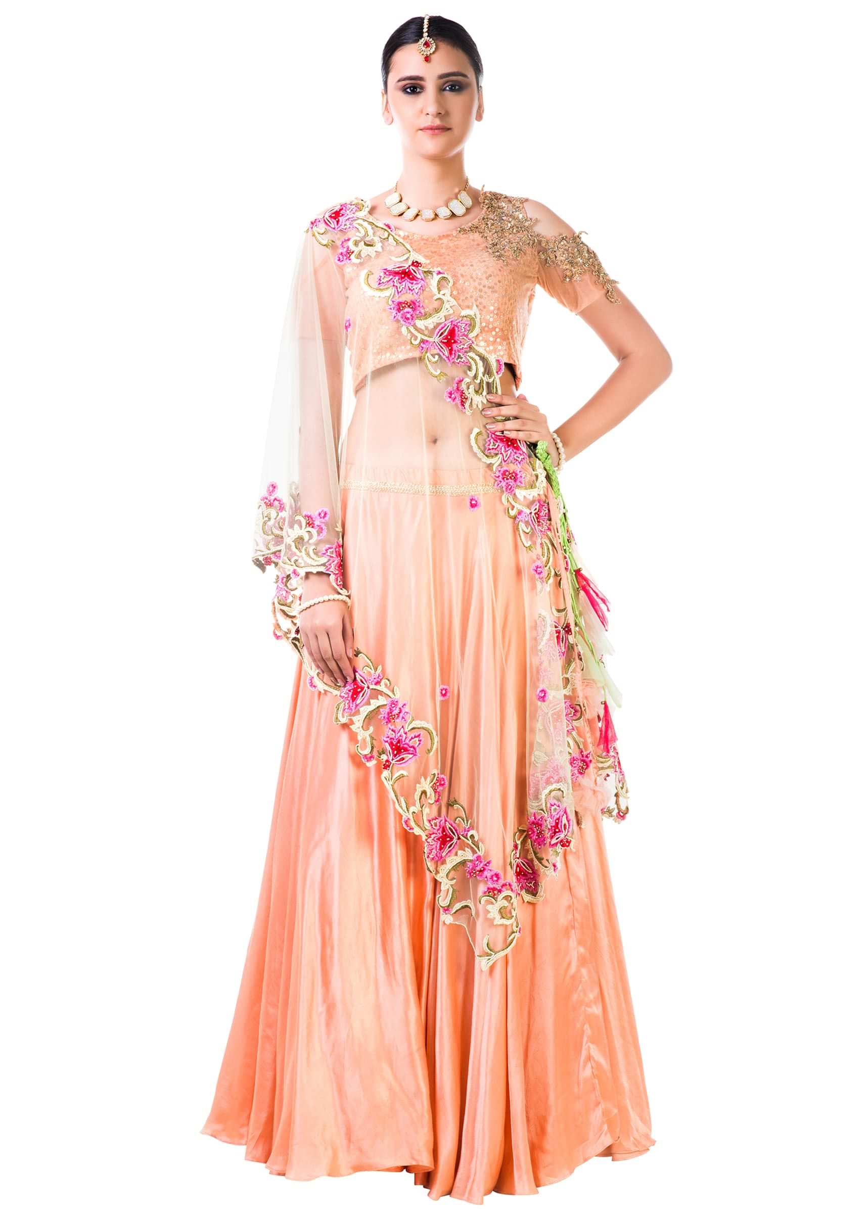 Peach Blouse With Sequins Embroidery And Peach Lehenga With Thread Work Embroidery Online - Kalki Fashion