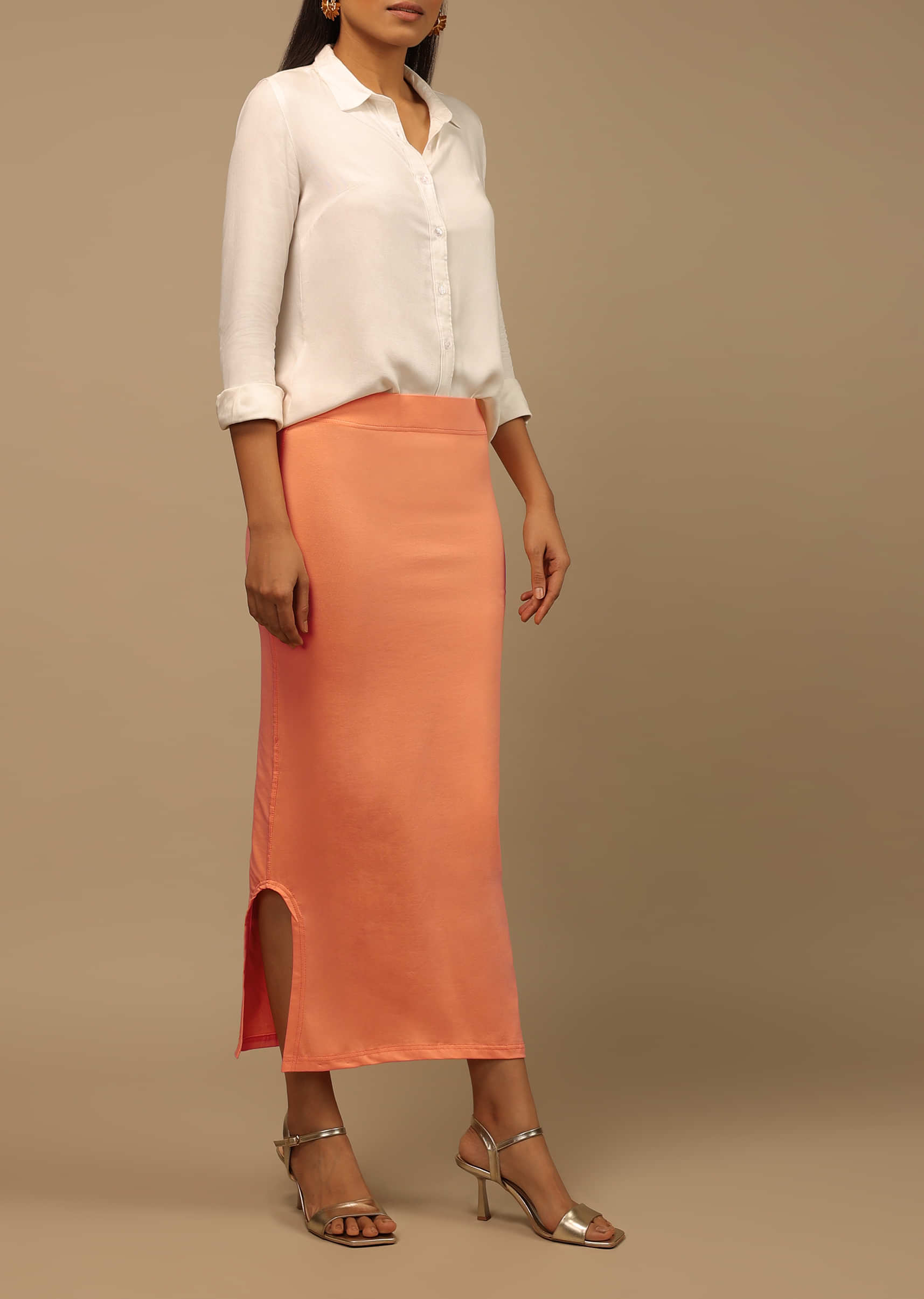 Buy Peach Shapewear Saree Petticoat In Cotton Lycra With Elastic