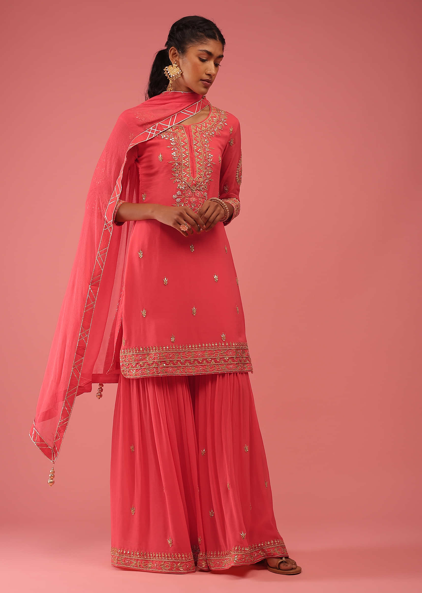 Peach Sharara Pants In Golden Zari And Gotta Patti Embroidery, Crafted In Georgette With Lacework At The Yoke