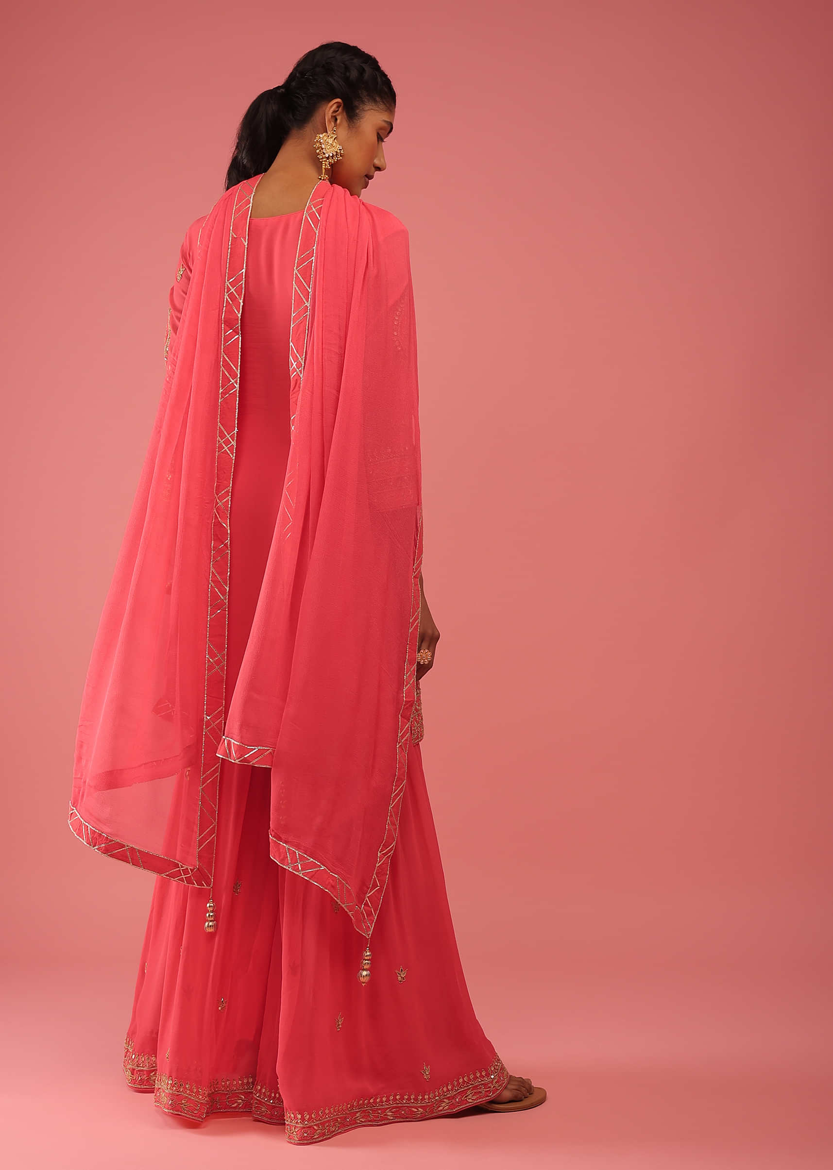 Peach Sharara Pants In Golden Zari And Gotta Patti Embroidery, Crafted In Georgette With Lacework At The Yoke
