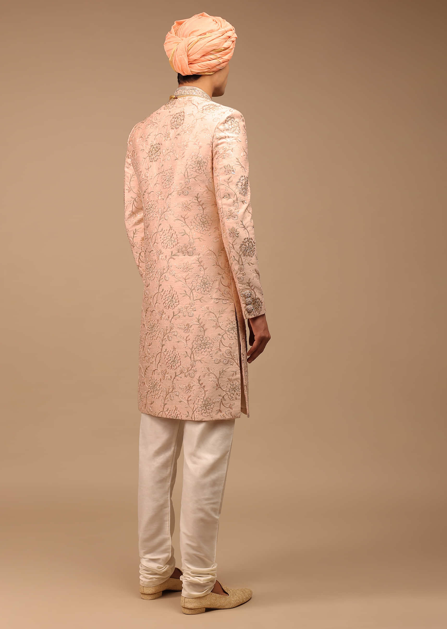 Peach Sherwani In Raw Silk With Floral Jaal