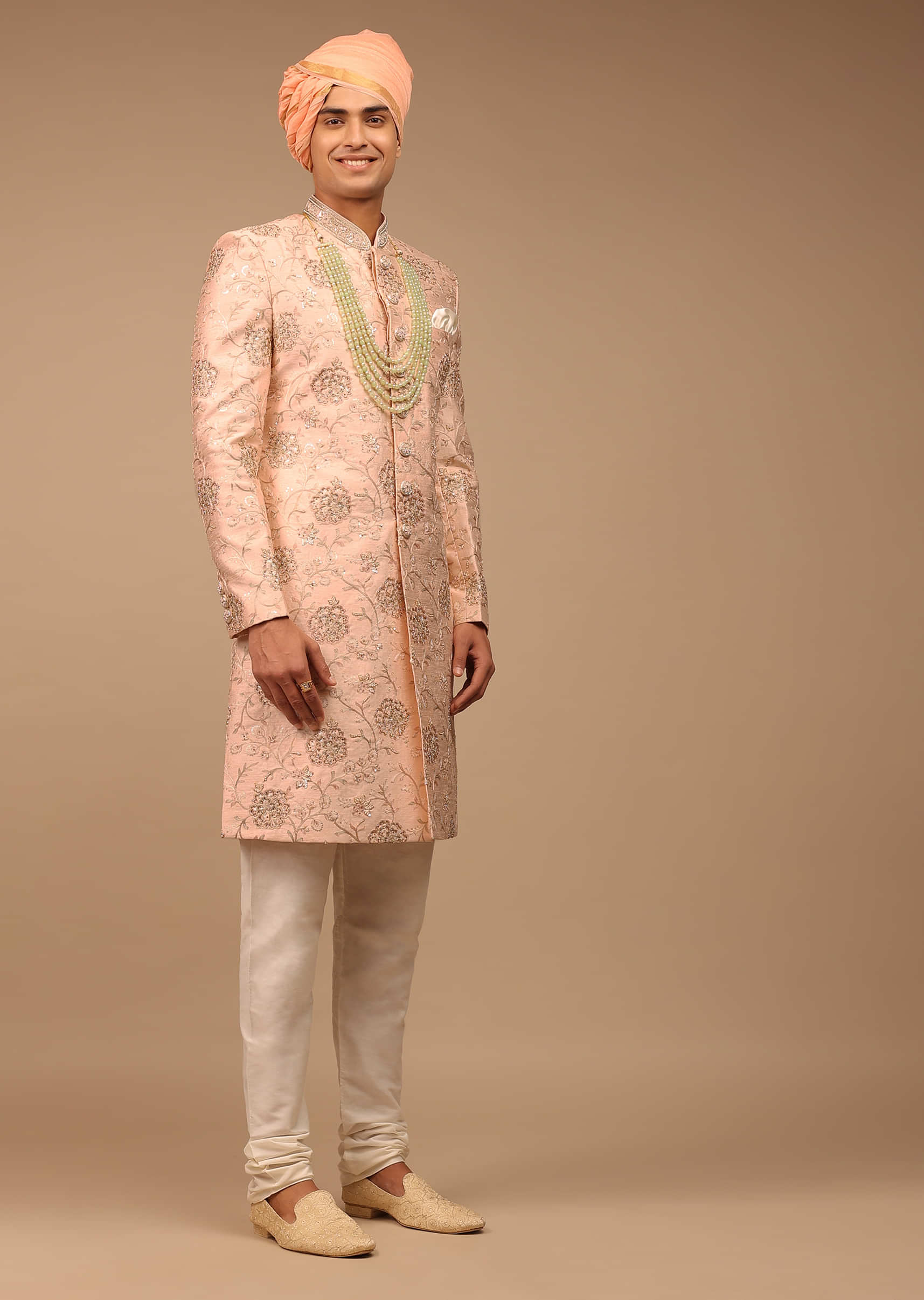 Peach Sherwani In Raw Silk With Floral Jaal